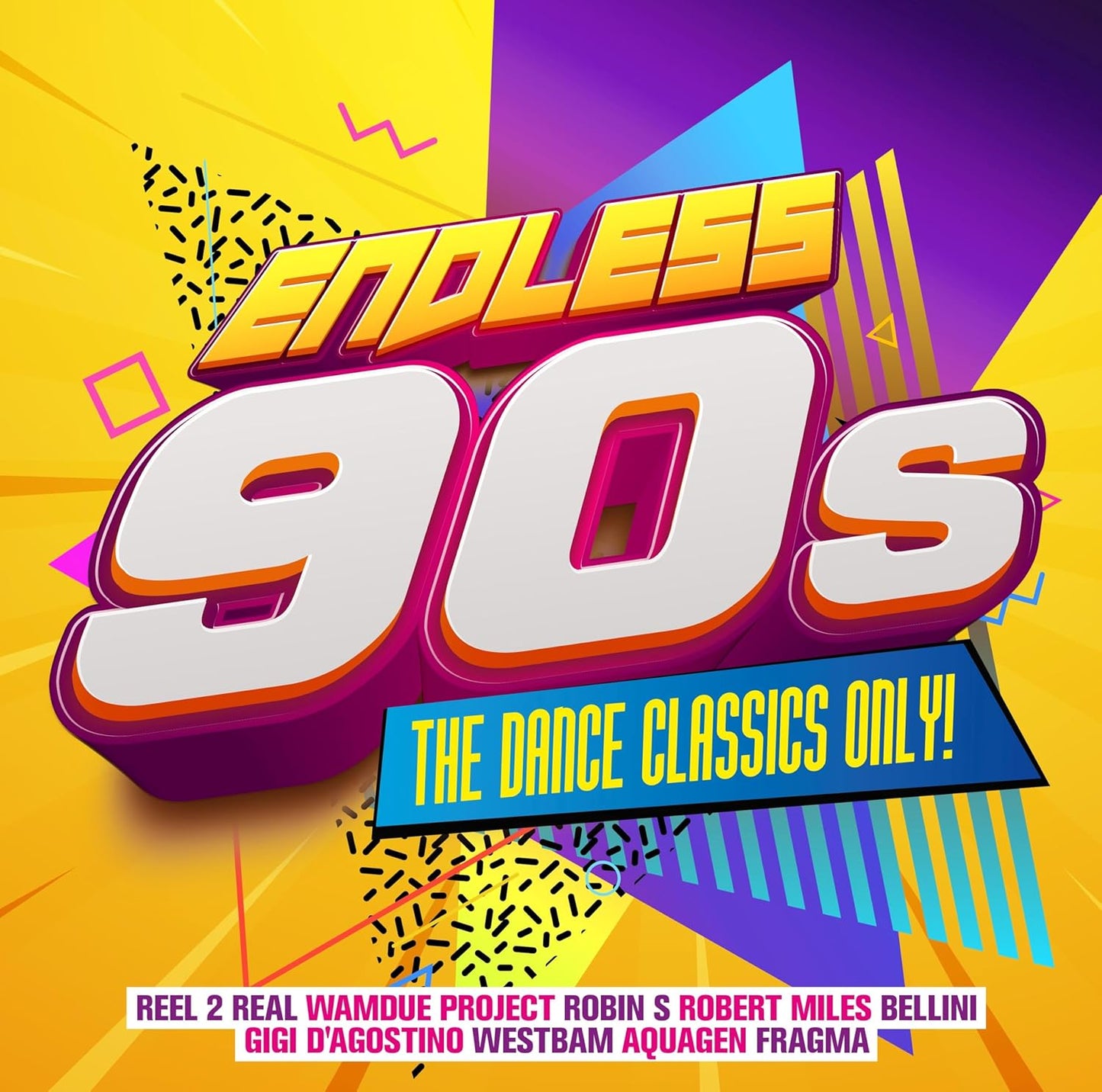 CD cover for “Endless 90s” dance compilation, bright yellow and blue design.