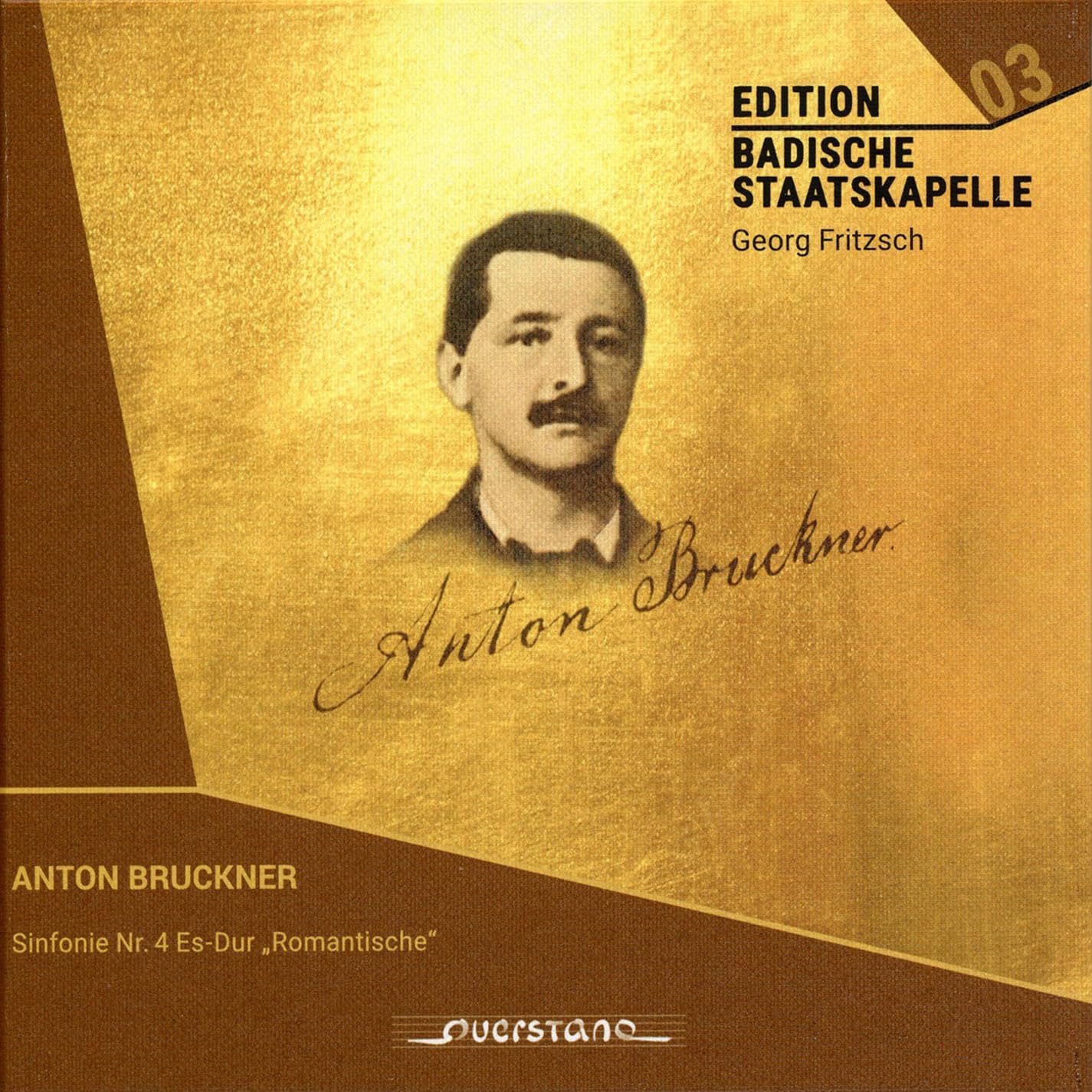 CD cover for Georg Fritzsch’s Bruckner Symphony No. 4, featuring Anton Bruckner’s portrait.