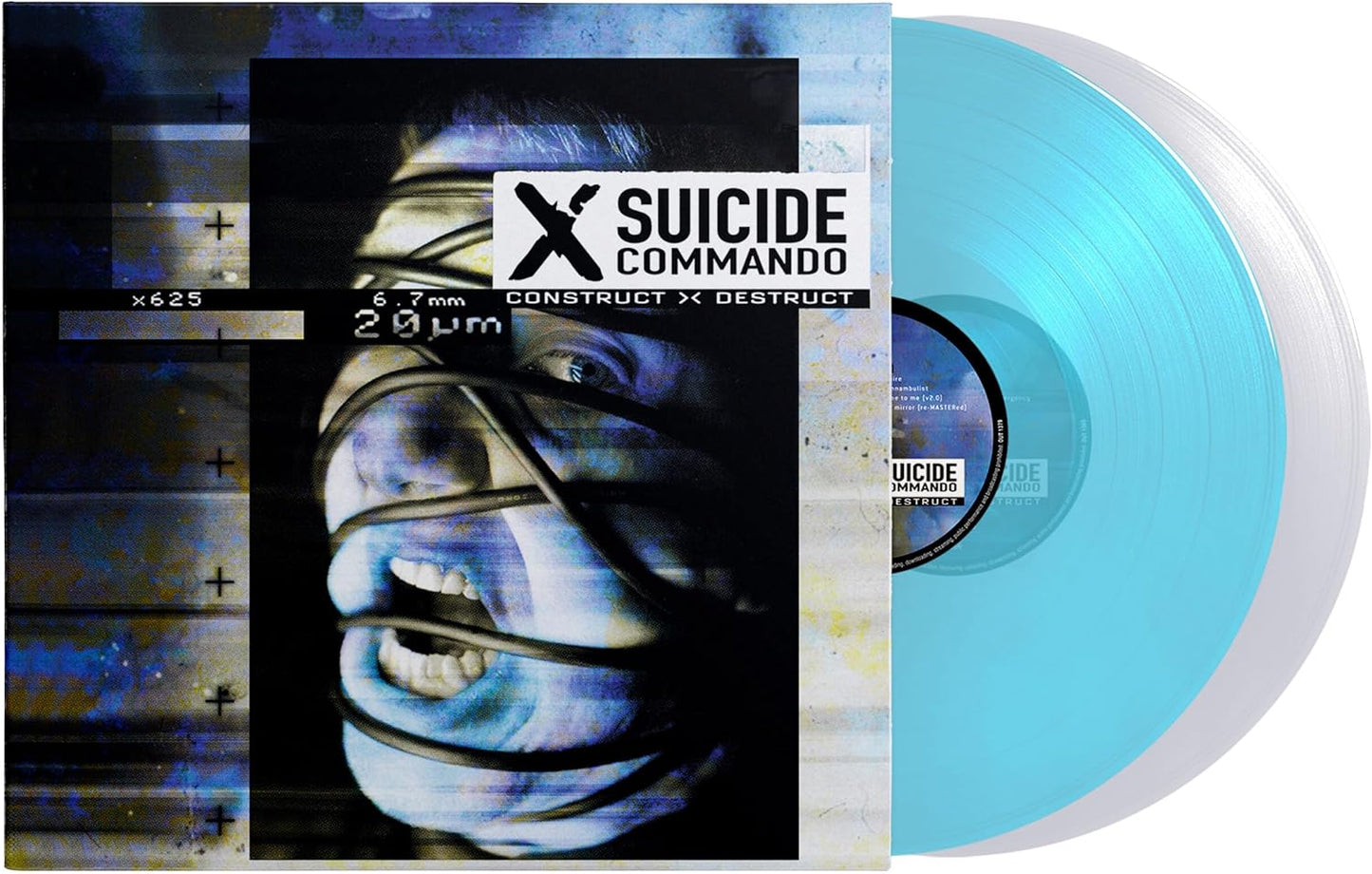 Vinyl record for Suicide Commando’s “Construct-destruct” with abstract cover art.