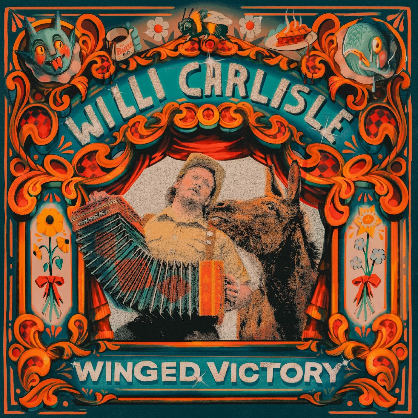 Vintage-style album cover featuring a cowboy, bison, and accordion, ornate border.