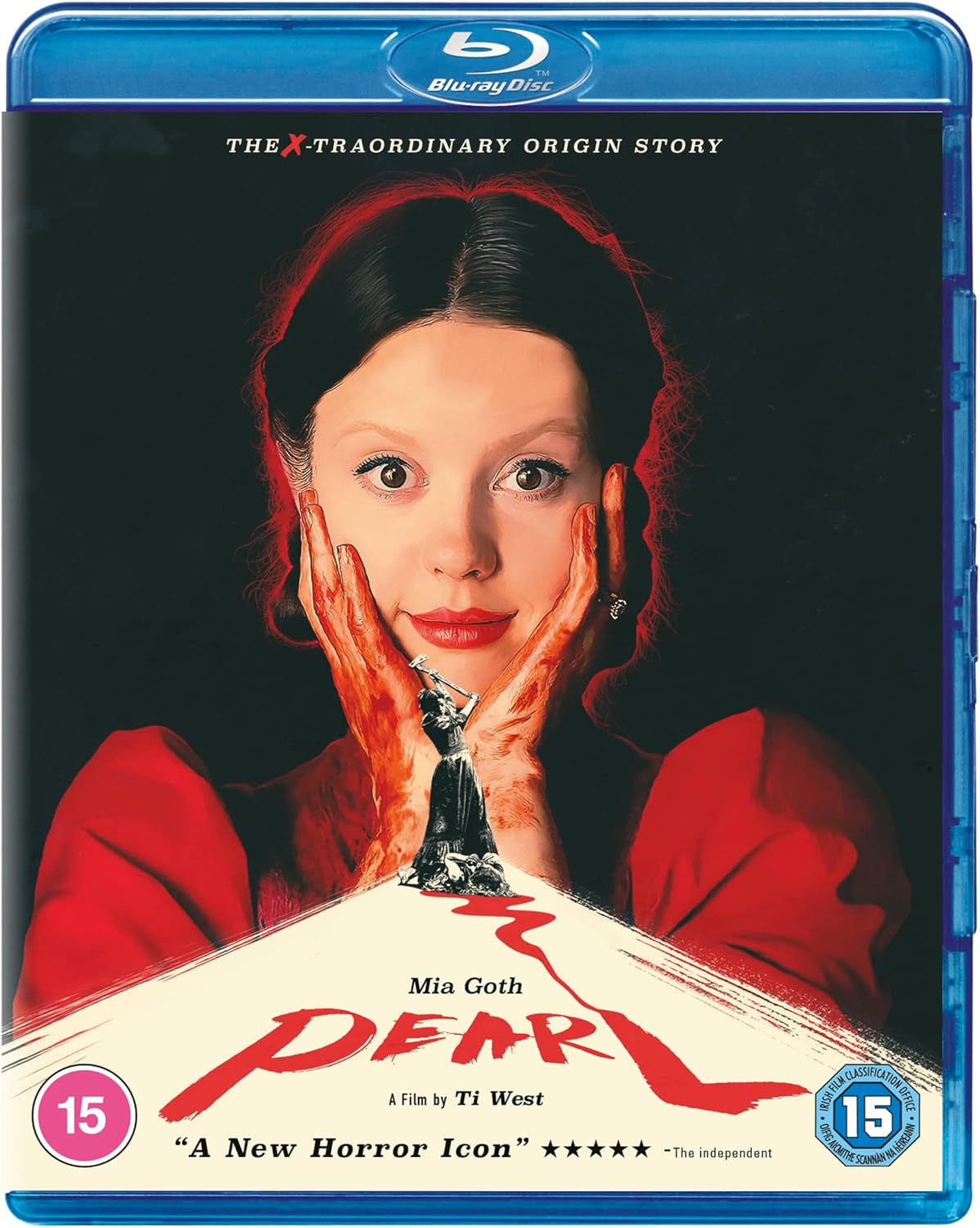 Blu-ray cover for Pearl featuring a woman with bloodied hands against a black background.