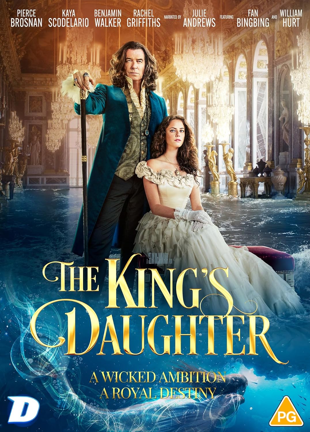 Pierce Brosnan and Kaya Scodelario stand in a flooded palace for The King's Daughter.