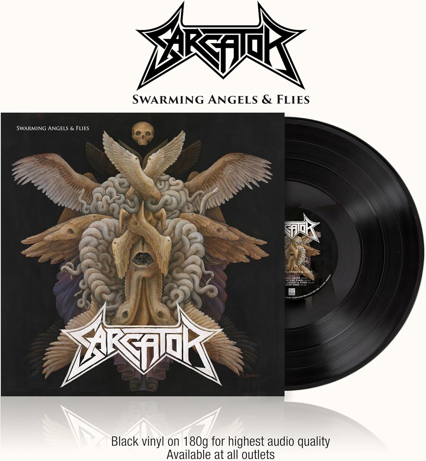 Black vinyl record with cover art featuring a skull and angelic figures.