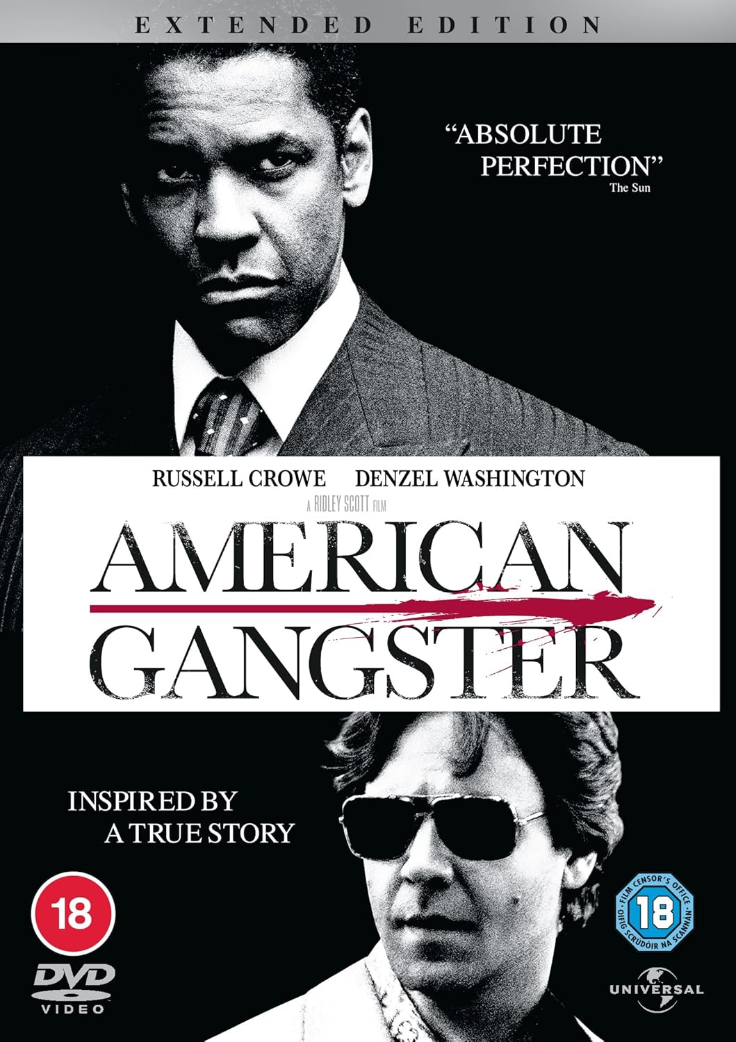 DVD cover for American Gangster featuring Denzel Washington and Russell Crowe in black and white.