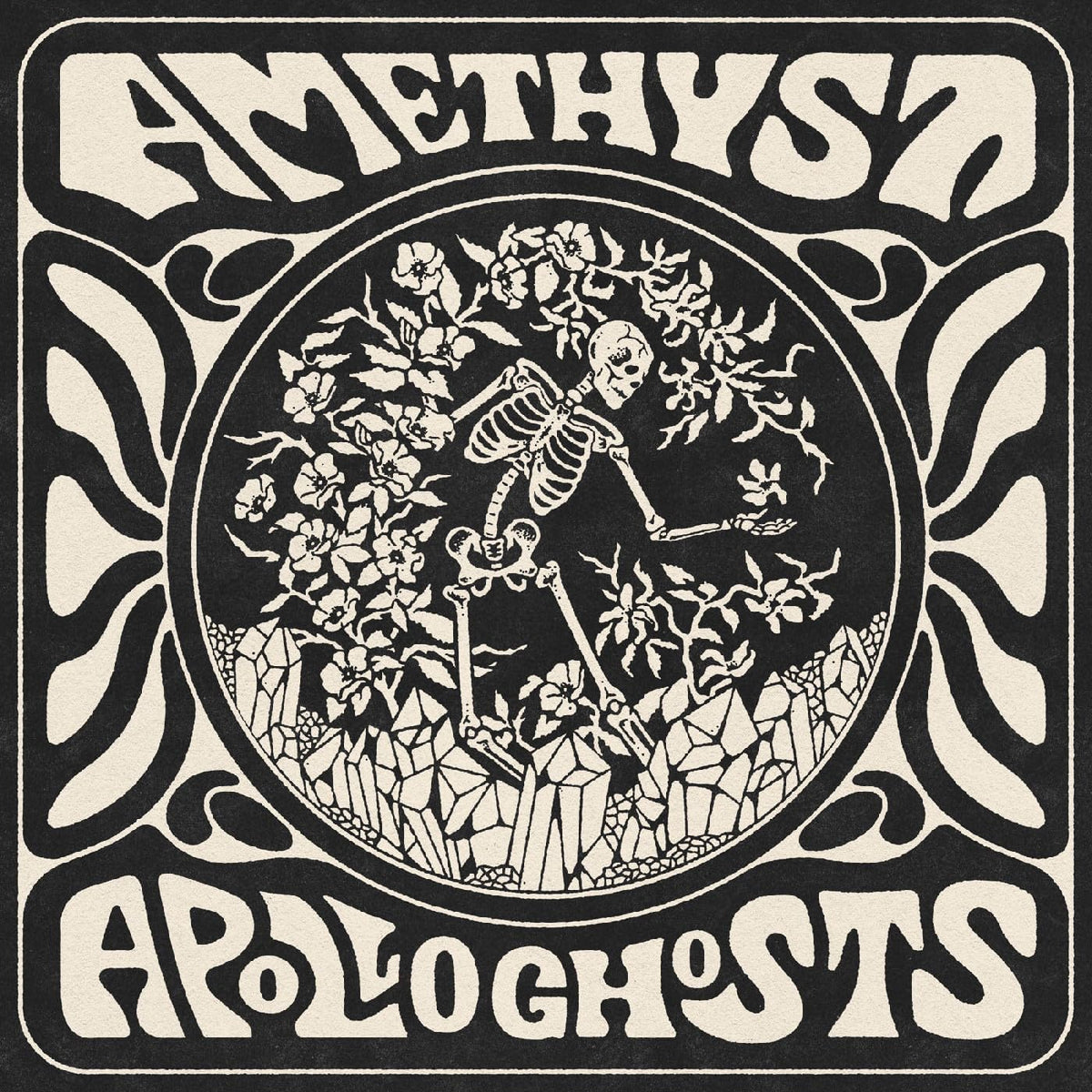 Black and cream album cover with floral skeleton design, titled "Amethyst".
