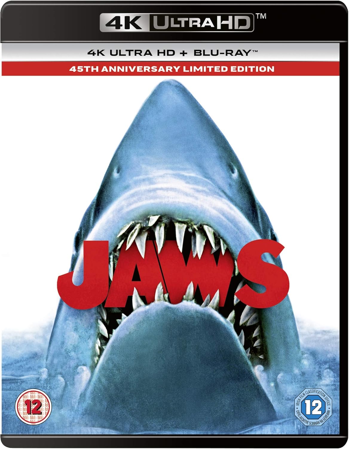 Jaws 4K Ultra HD and Blu-ray cover art featuring a shark with open jaws.