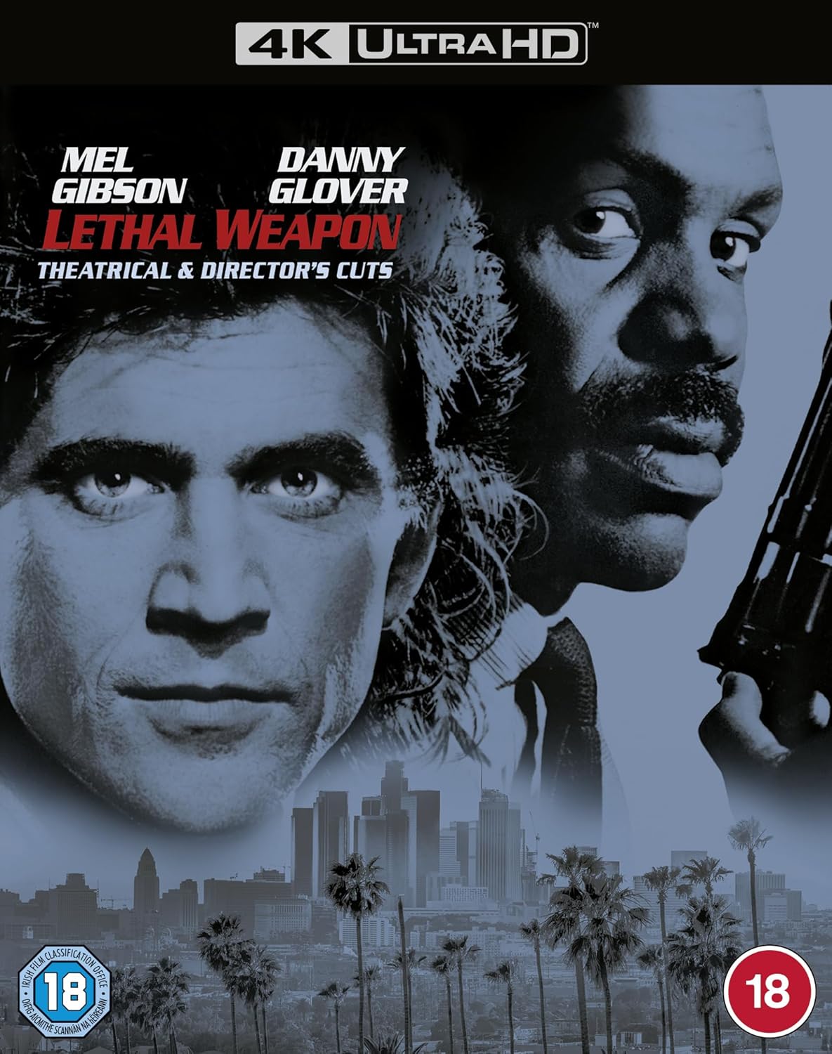 Lethal Weapon" Blu-ray cover featuring Mel Gibson and Danny Glover, cityscape.