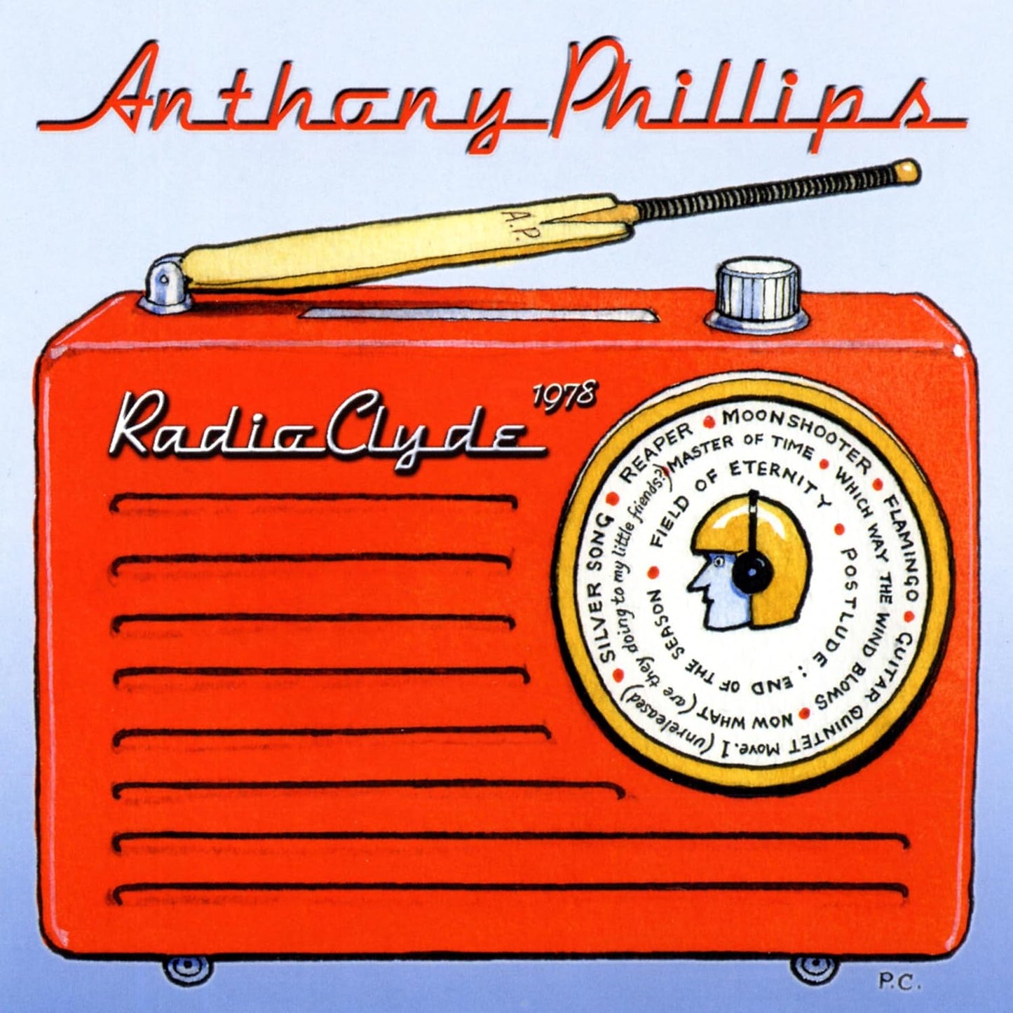 Red vintage radio with text and a face illustration on the dial.