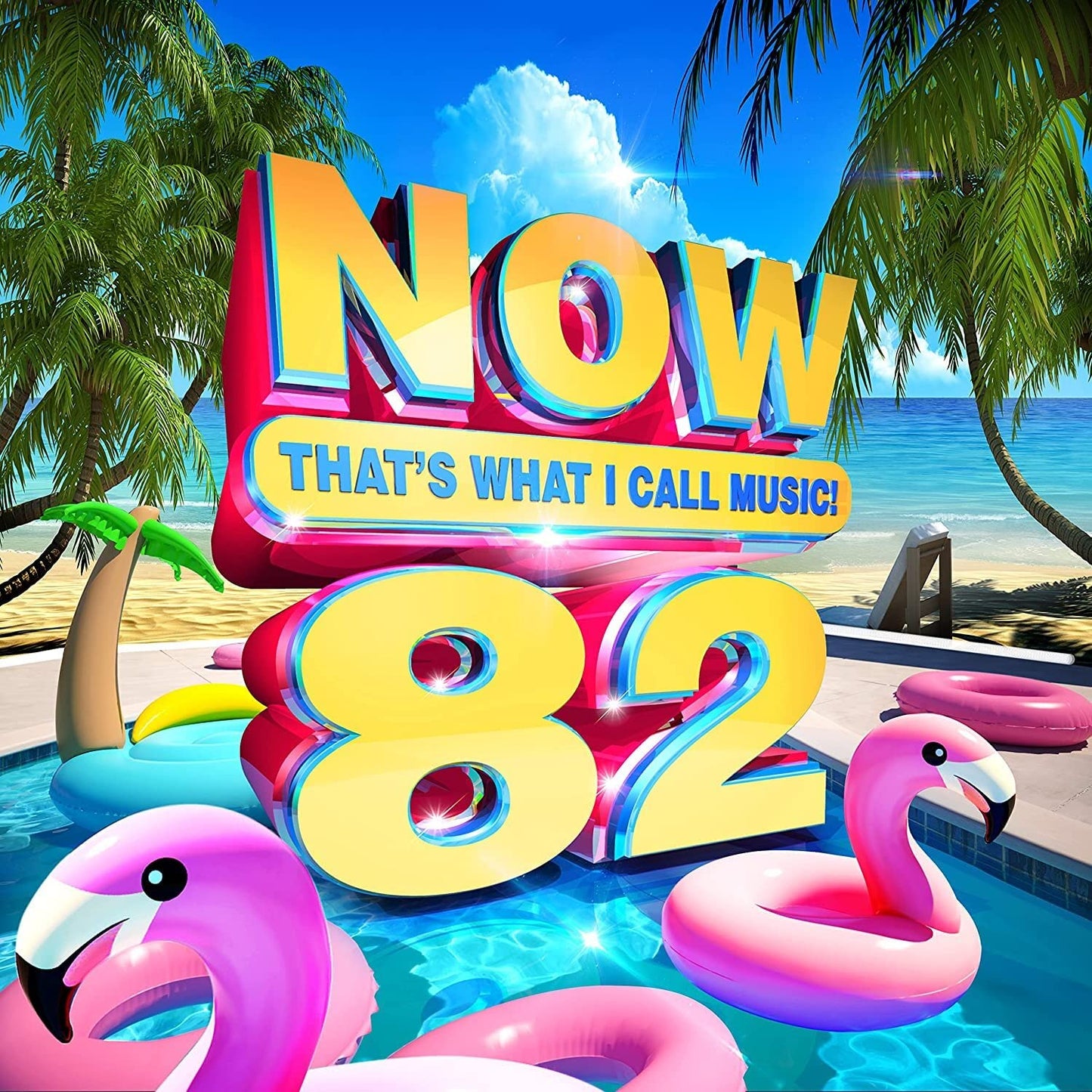 “NOW 82” CD cover with tropical beach scene and pink flamingos.