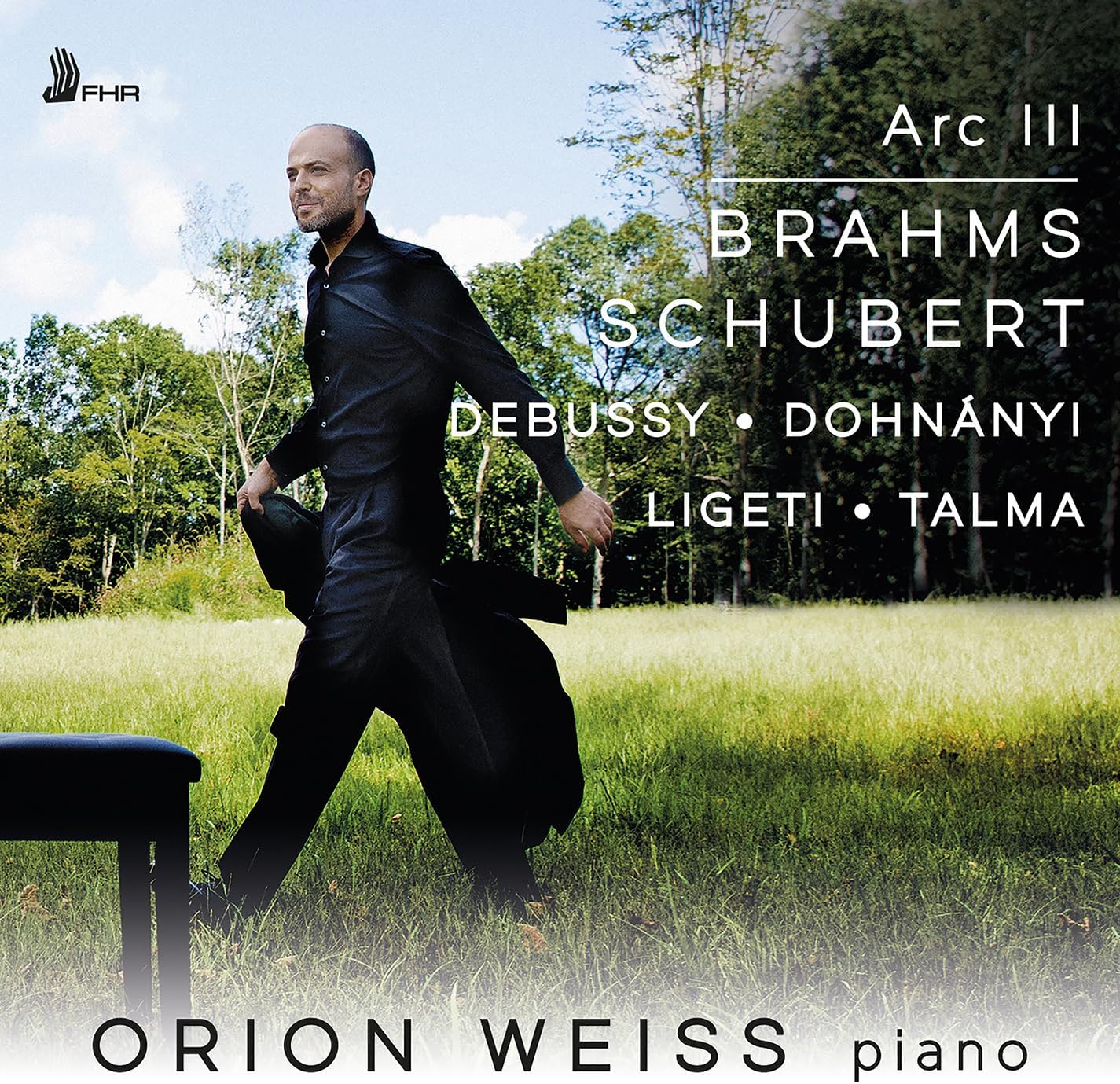 CD cover featuring pianist Orion Weiss amidst blurred trees, composers listed.