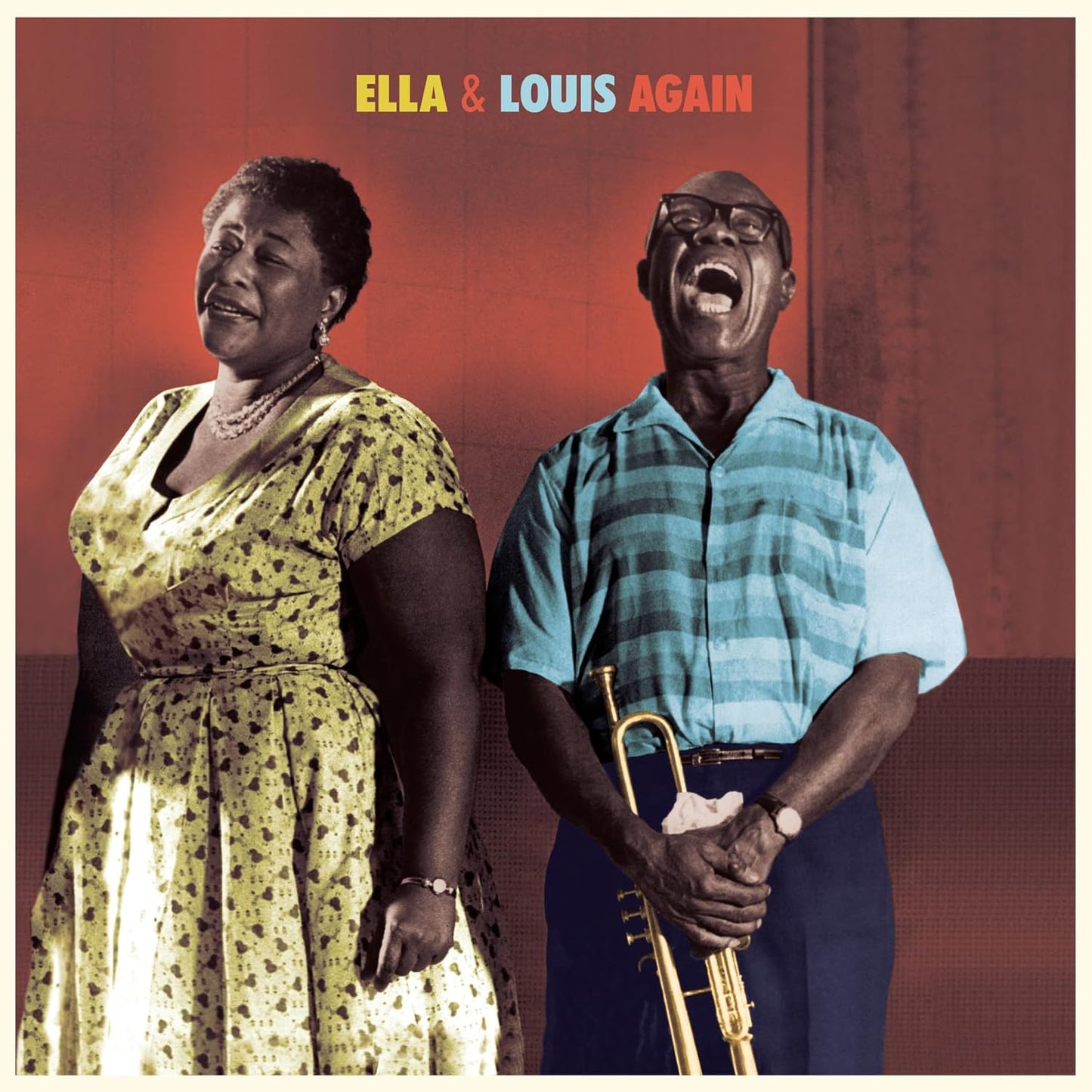 Ella Fitzgerald and Louis Armstrong album cover, smiling and singing.