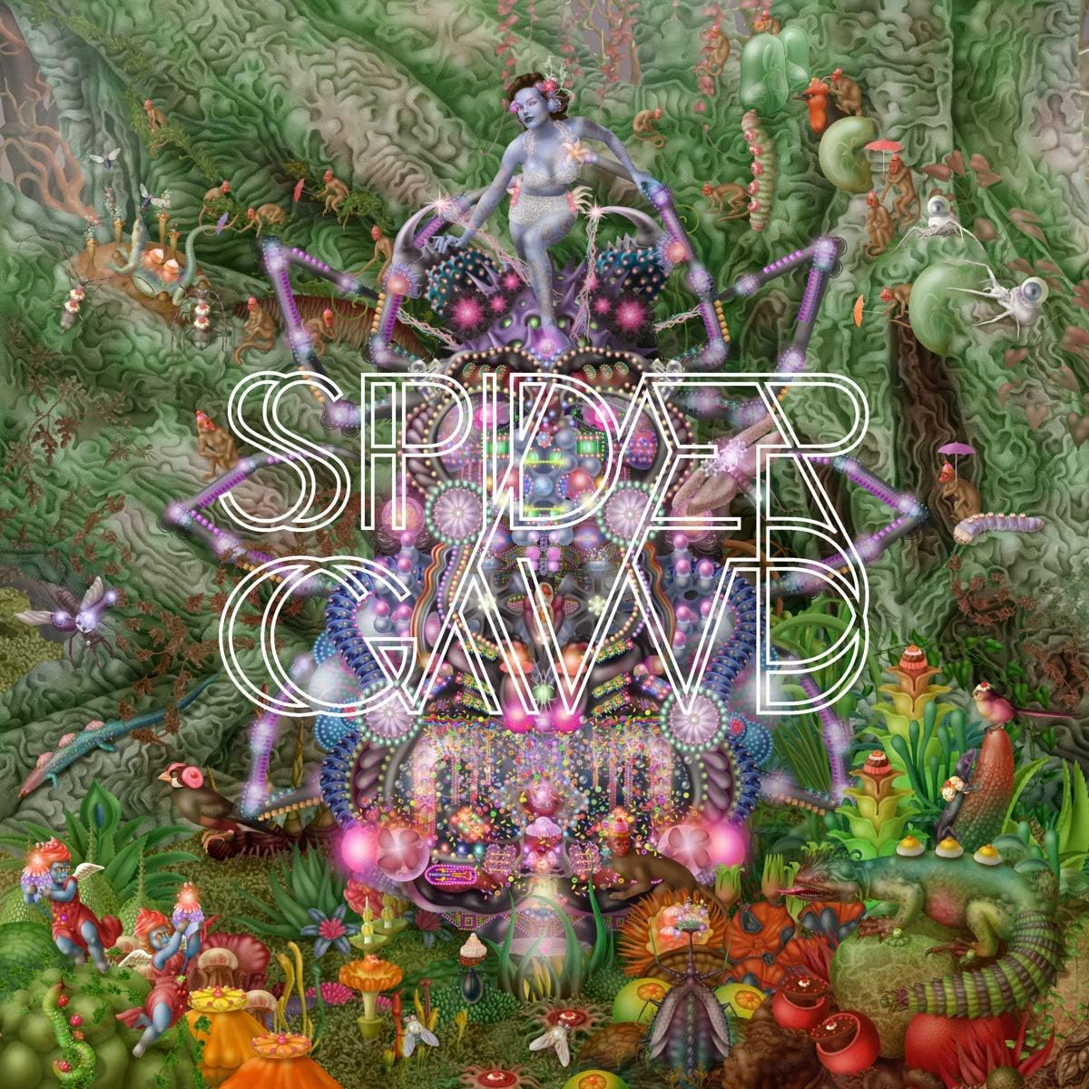 Album cover: surreal, colorful landscape with a central figure and glowing text.