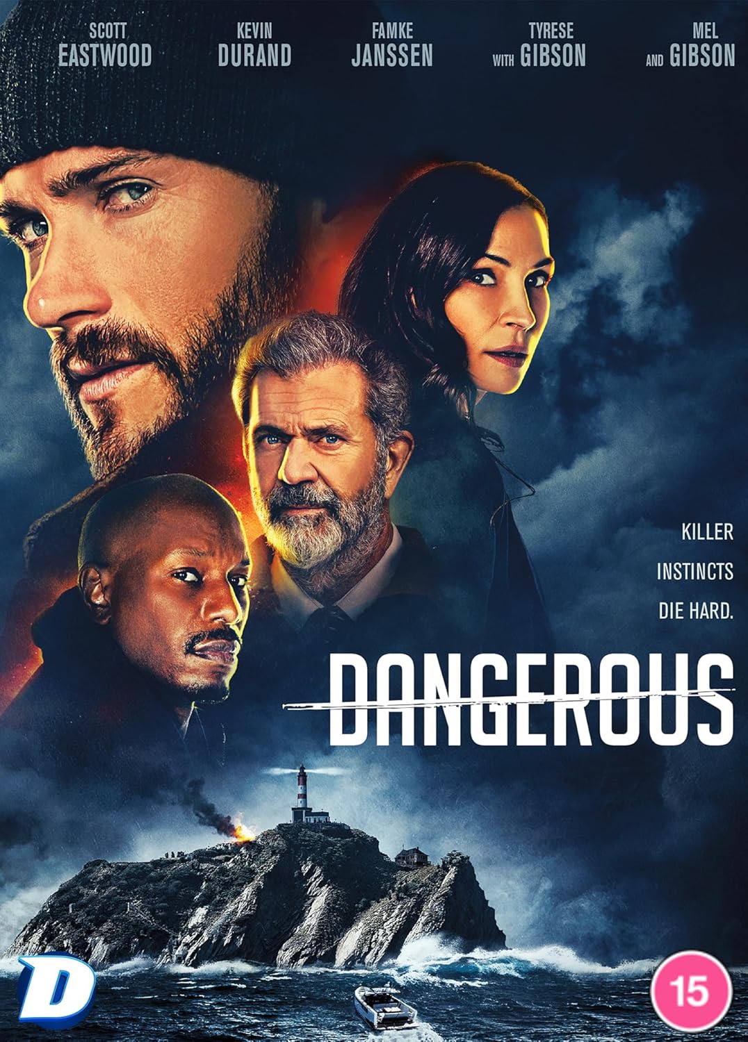 DVD cover for “Dangerous” featuring Scott Eastwood, Kevin Durand, and Mel Gibson.