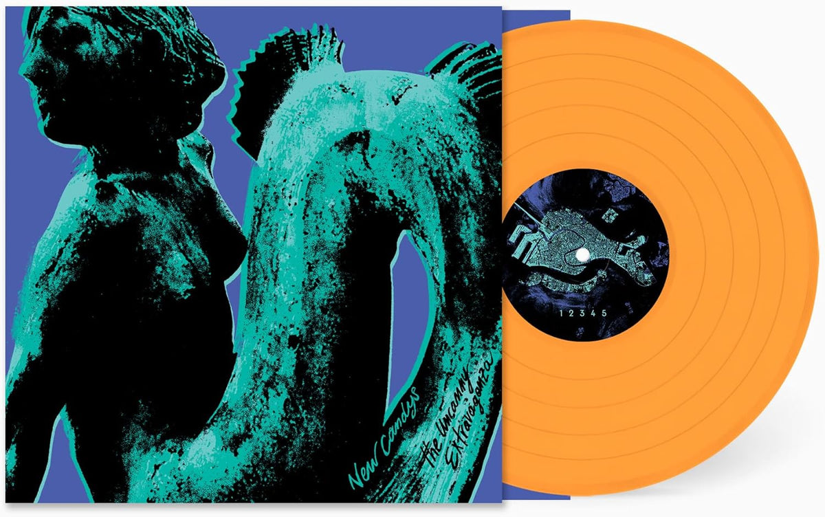 Vinyl record of New Candys’ “The Uncanny Extravaganza” album, black cover.