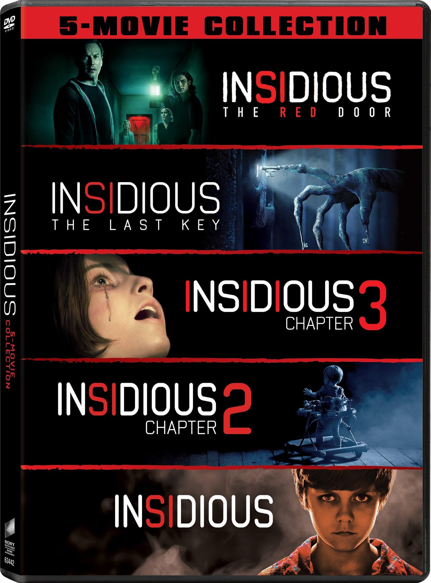DVD cover for "Insidious" films featuring ghostly figures and frightened faces.