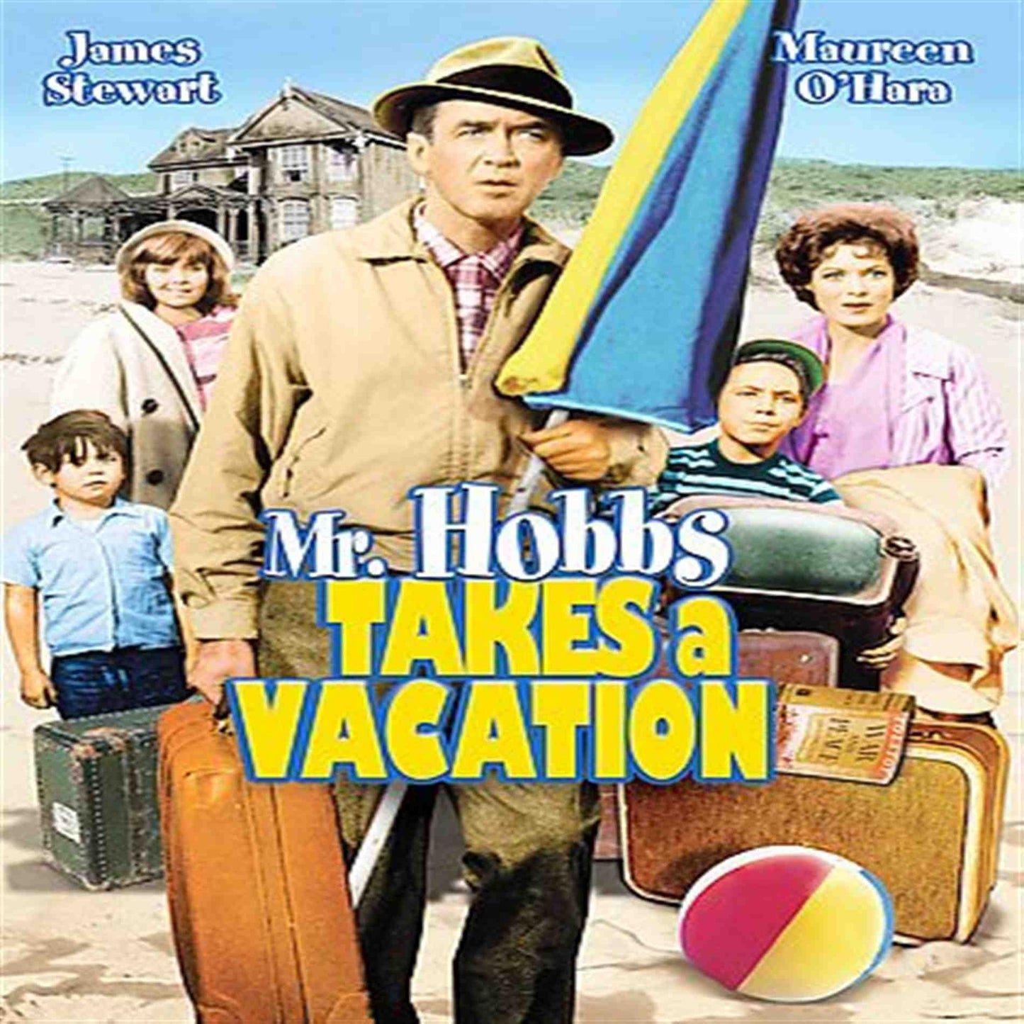 Family on a beach with luggage, movie poster for "Mr. Hobbs Takes a Vacation.