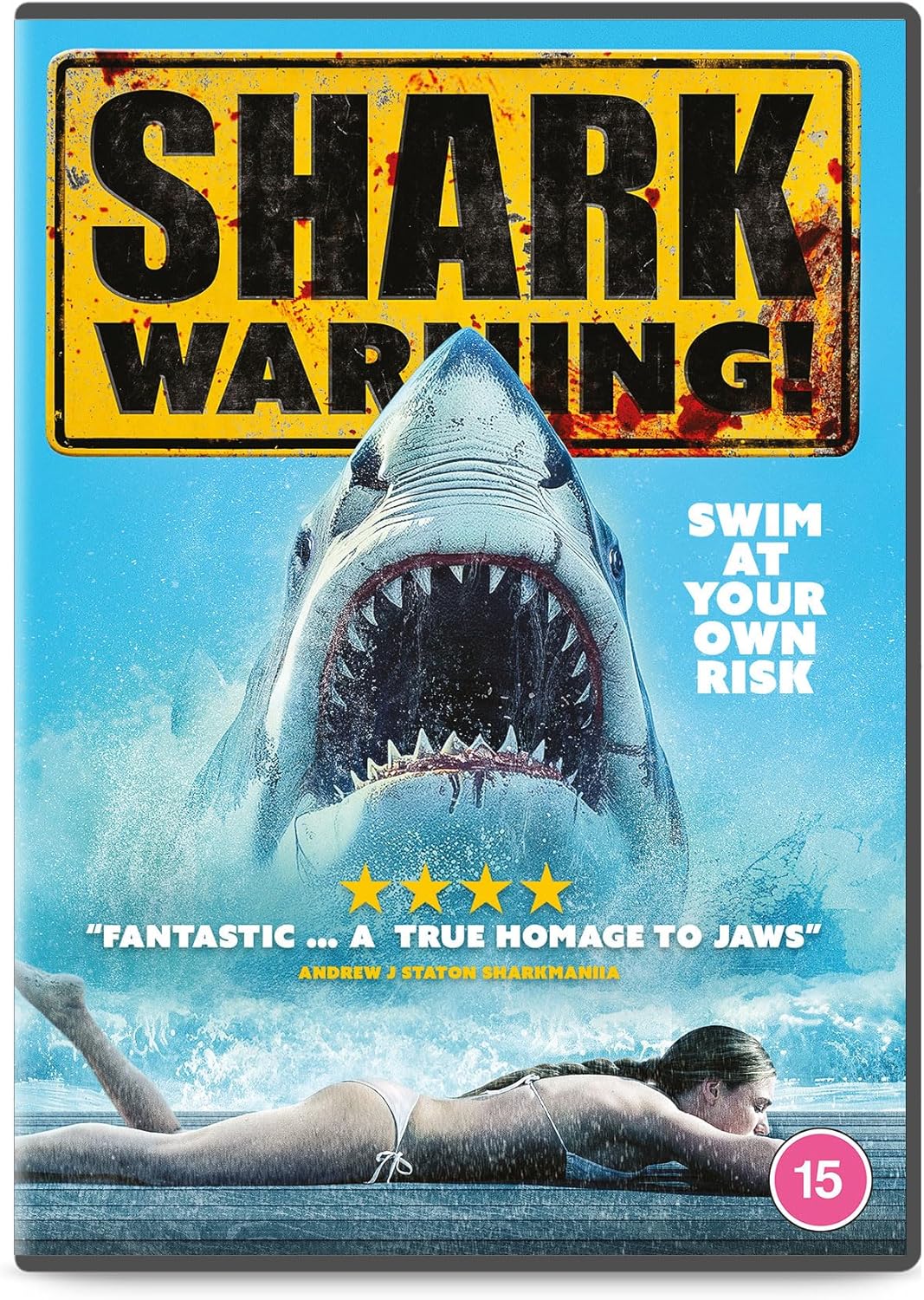 Shark Warning" DVD cover featuring a great white shark and swimmer.