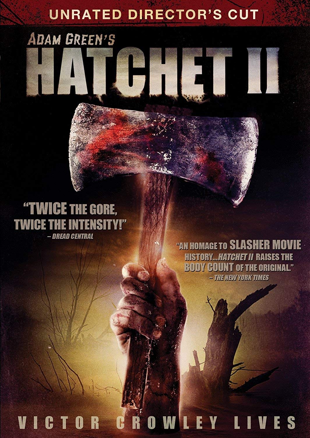 “Hatchet 2” DVD cover featuring a bloodied, disfigured face and hand.