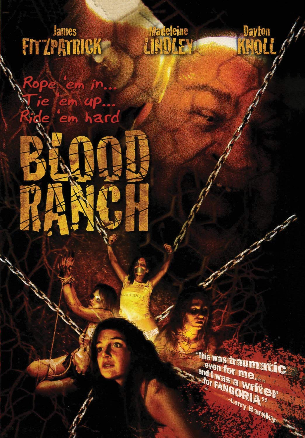 DVD cover for "Blood Ranch" featuring distressed people and rope.