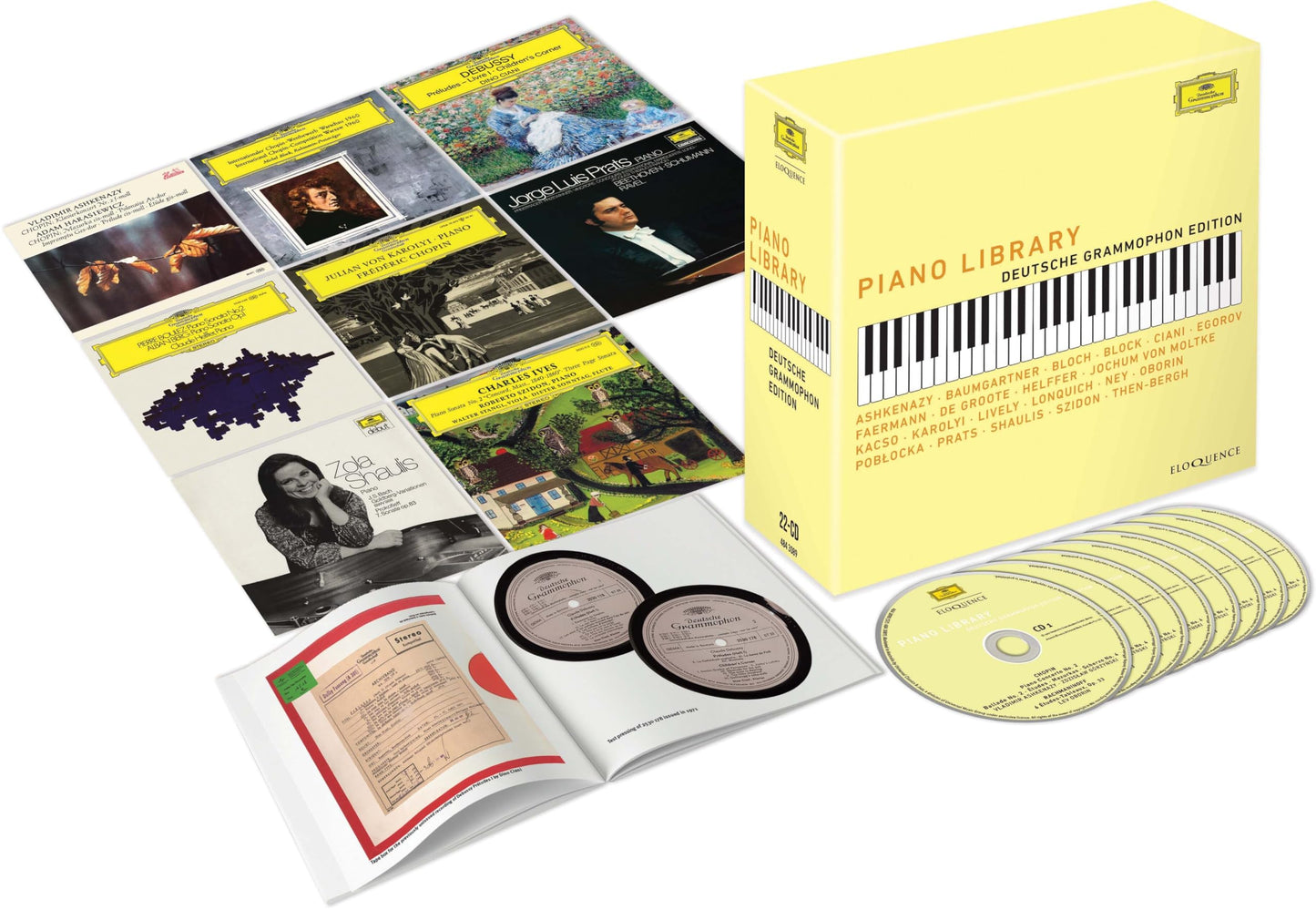 CD collection, "Piano Library - Deutsche Grammophon Edition," with classical composers’ portraits.