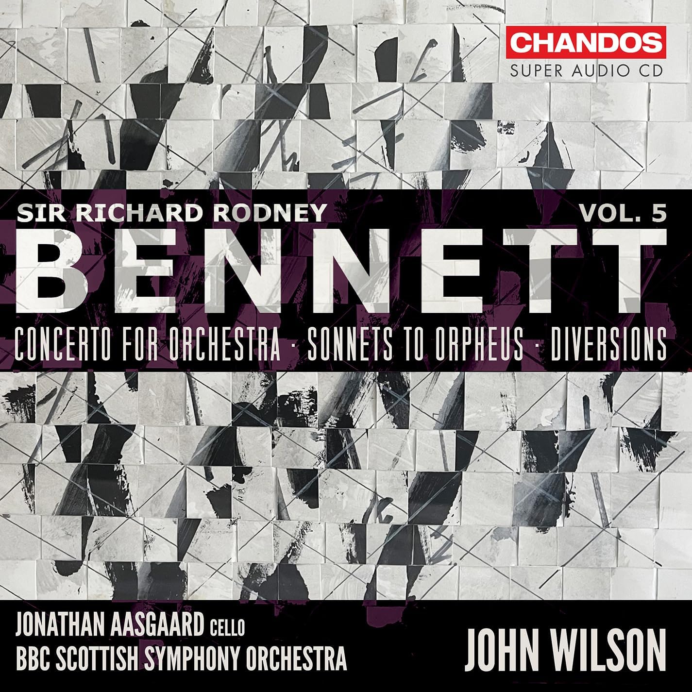 CD cover for Bennett’s Orchestral Works Vol. 5, featuring abstract design.