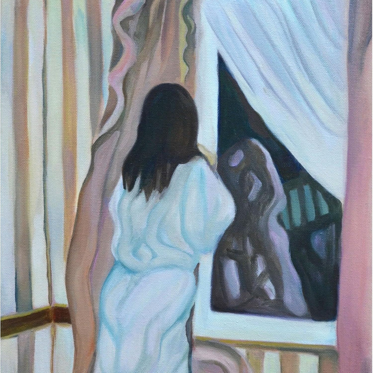 Painting of a person from behind looking at a shadowy reflection.