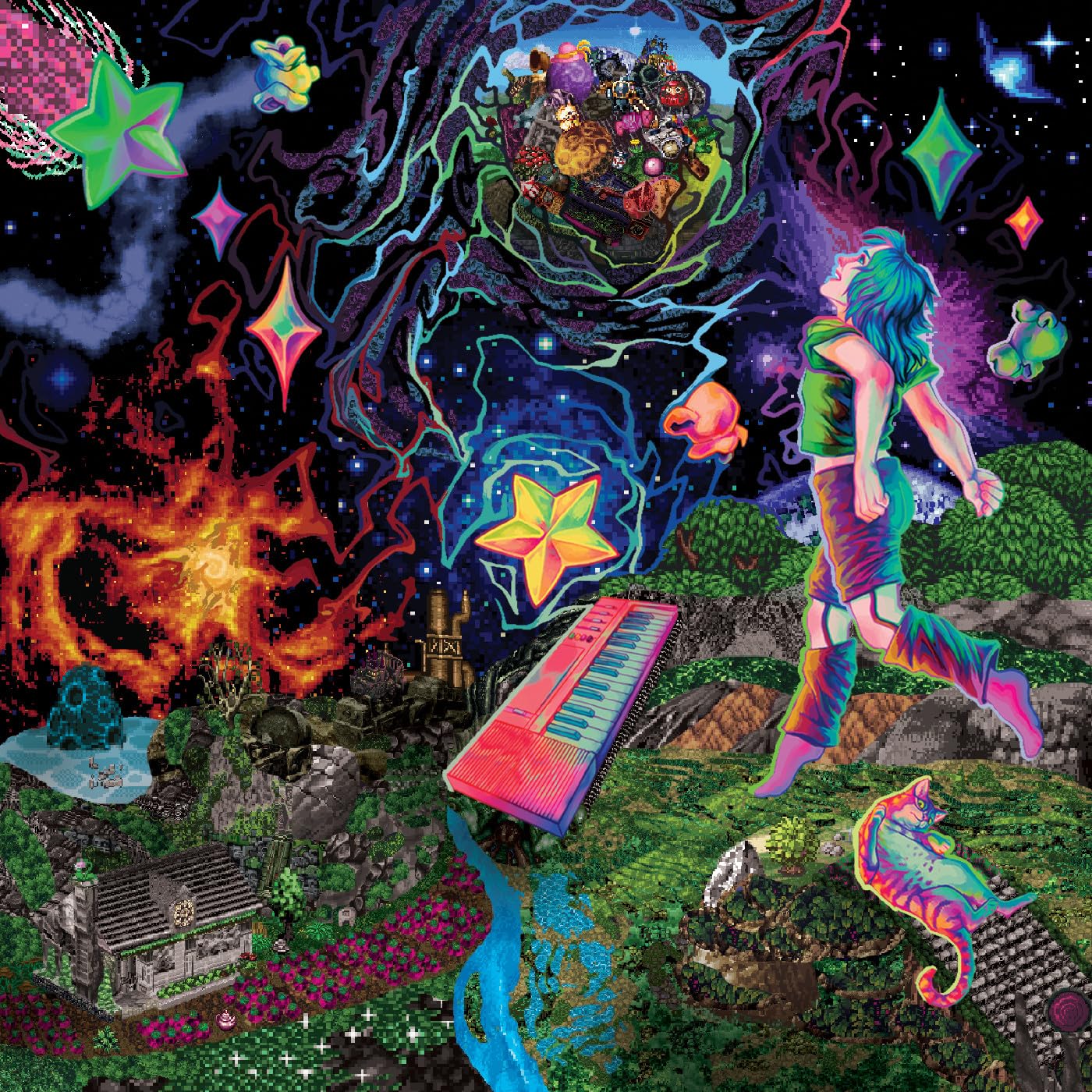 Surreal, colorful album cover with a leaping figure and glowing keyboard.