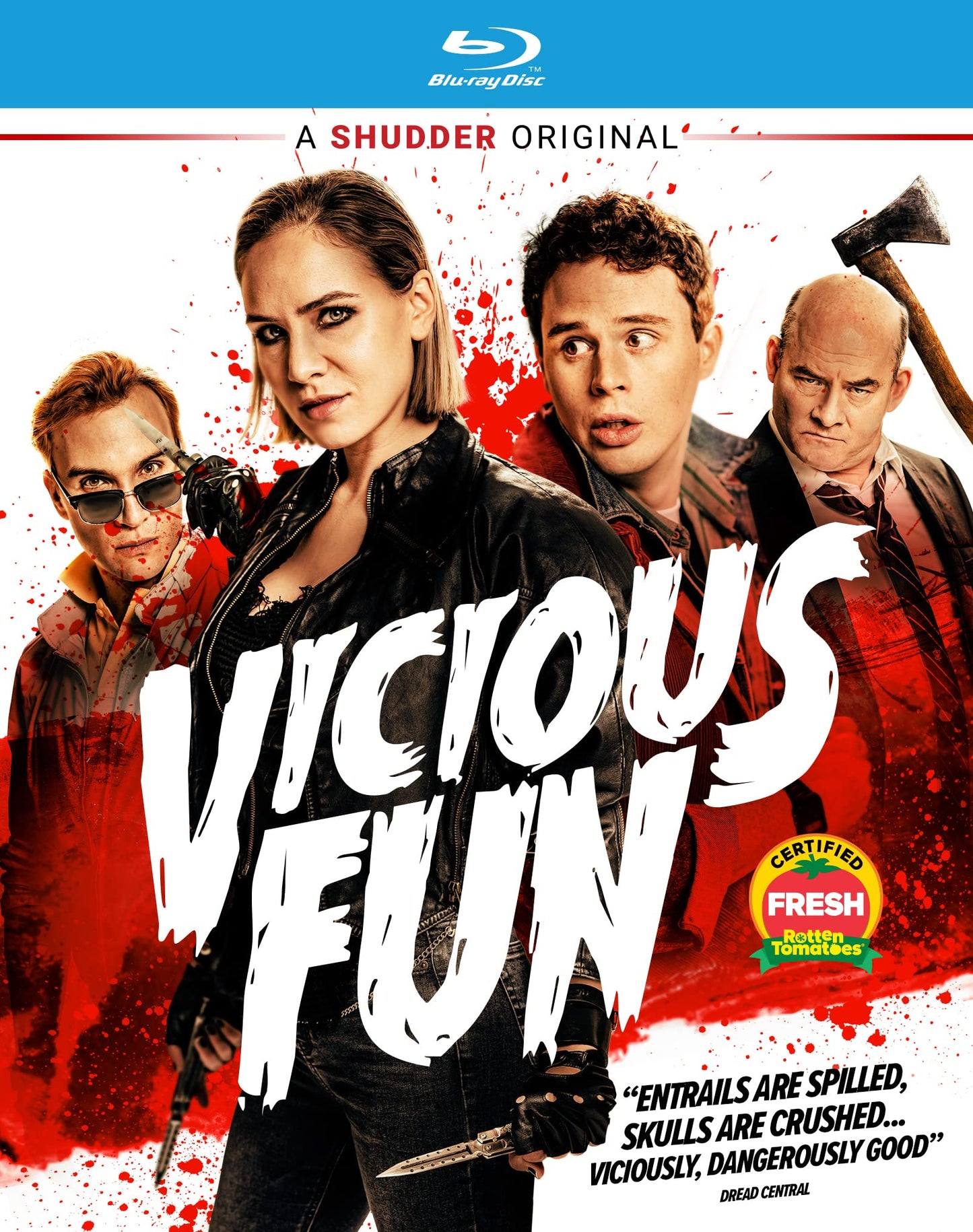 “Vicious Fun” Blu-ray cover with three characters and red splatter.