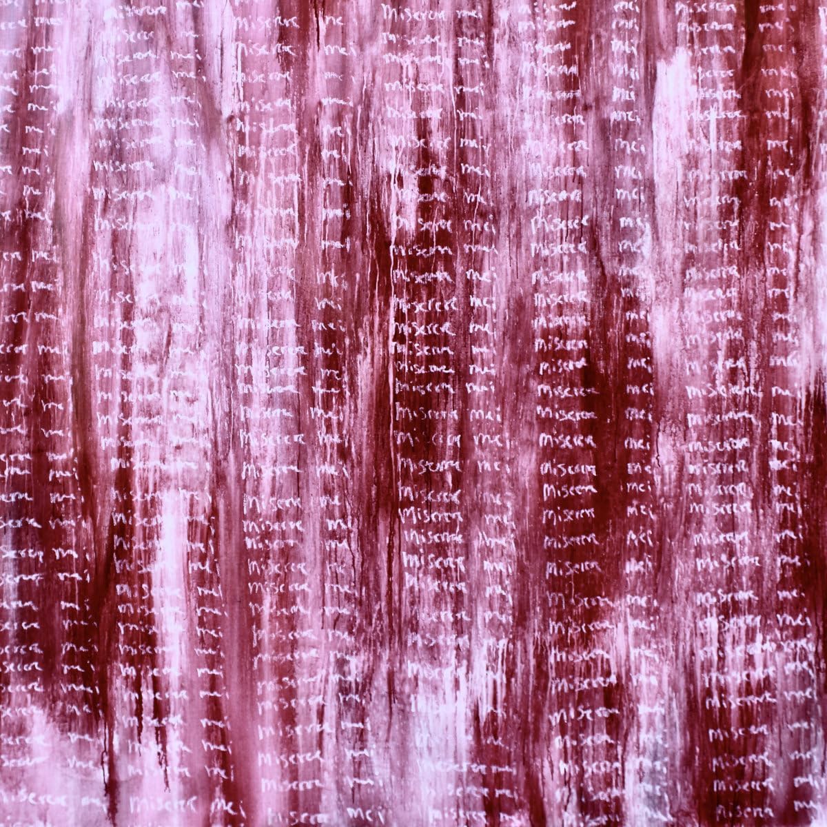 Close-up of textured red surface covered in repeated white text.