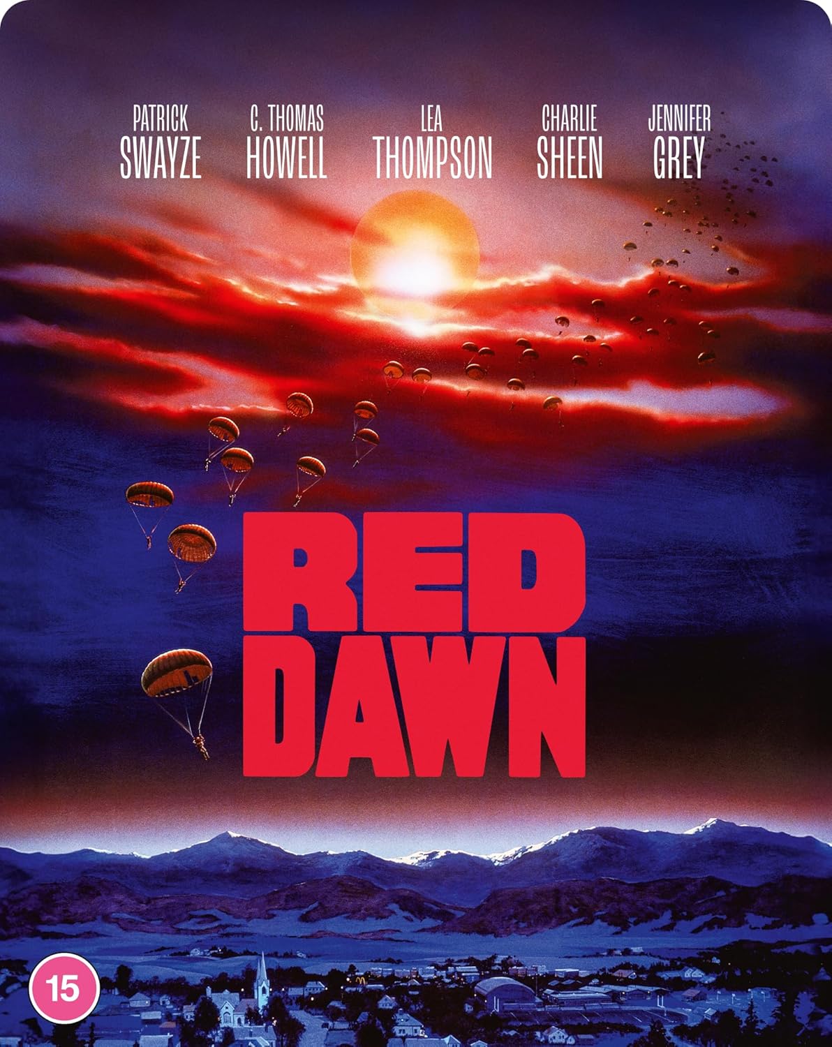 Red Dawn movie poster with parachutists descending over a town.