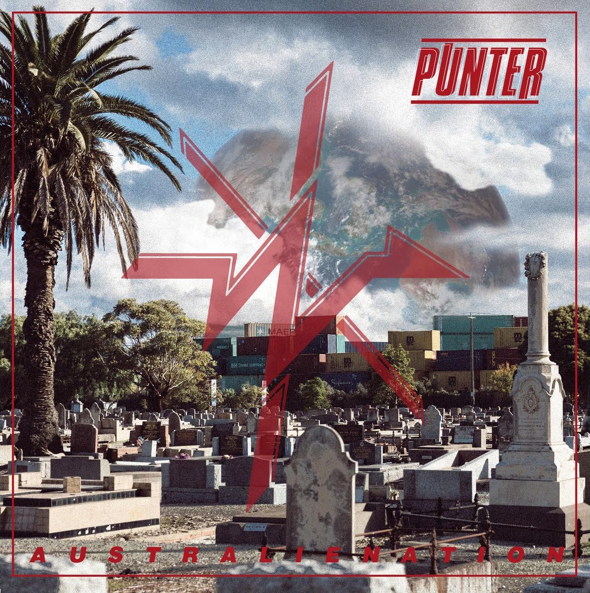 Vinyl album cover: graveyard, palm tree, shipping containers, and red starburst.