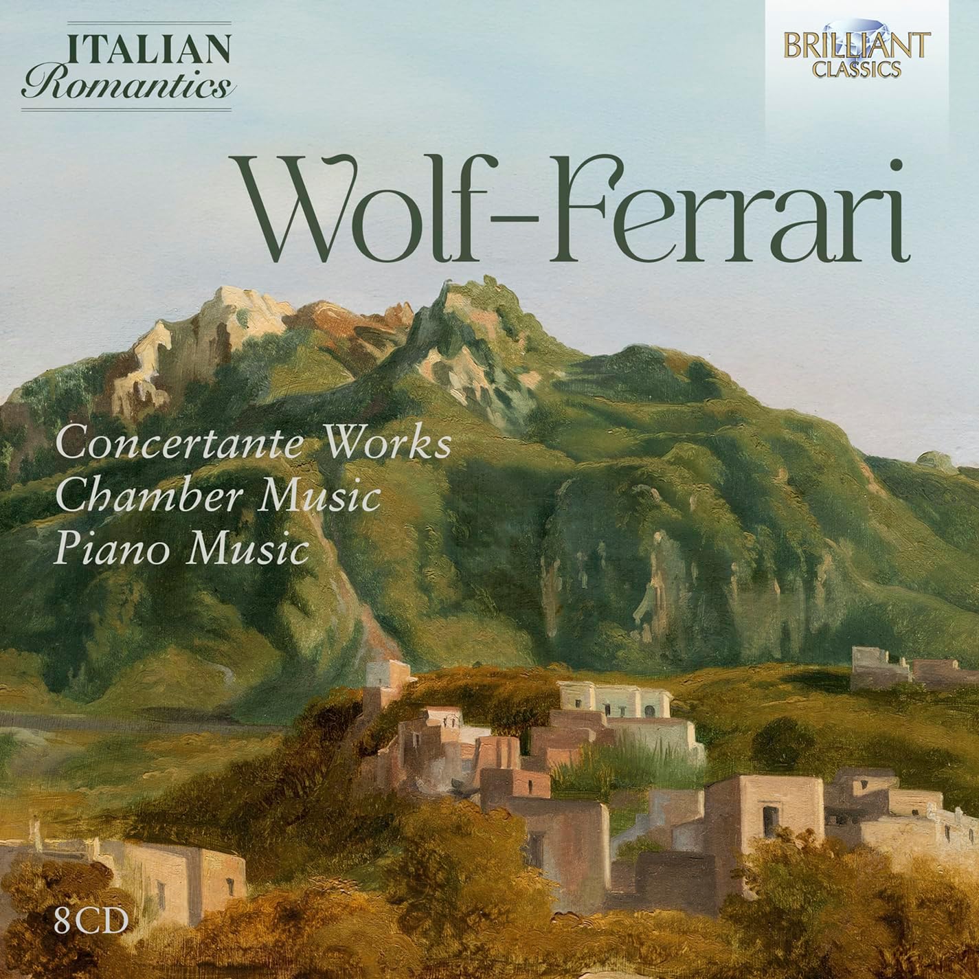 CD cover featuring a landscape painting of a mountain village with text Wolf-Ferrari.