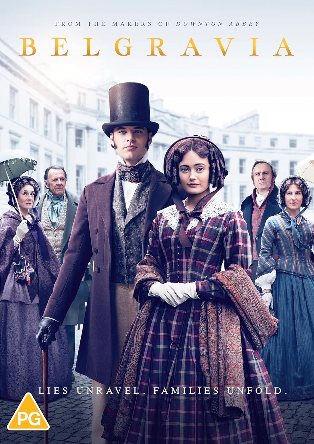 DVD cover for "Belgravia" featuring a group in 19th-century attire.