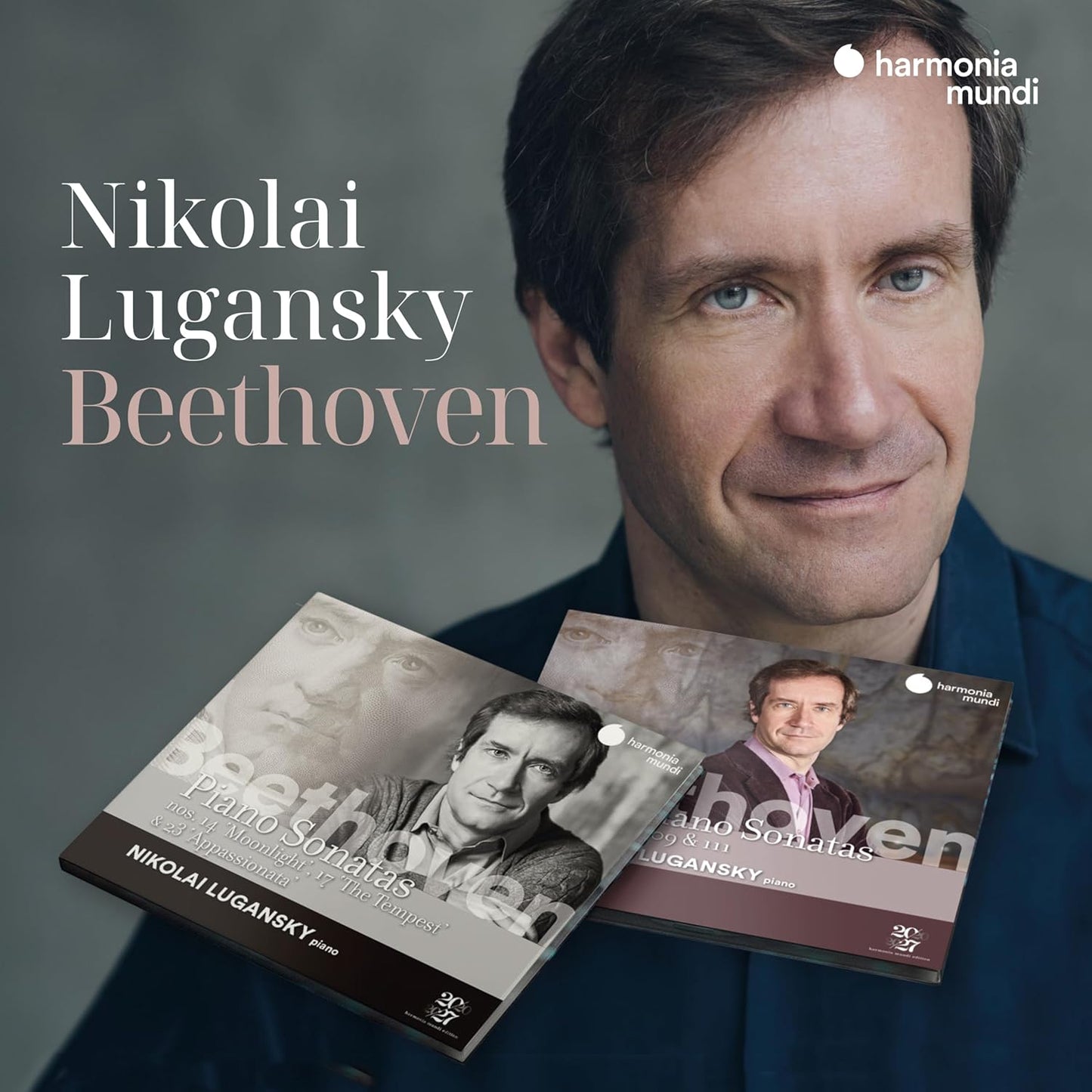 Nikolai Lugansky portrait with two Beethoven piano sonata vinyl records.