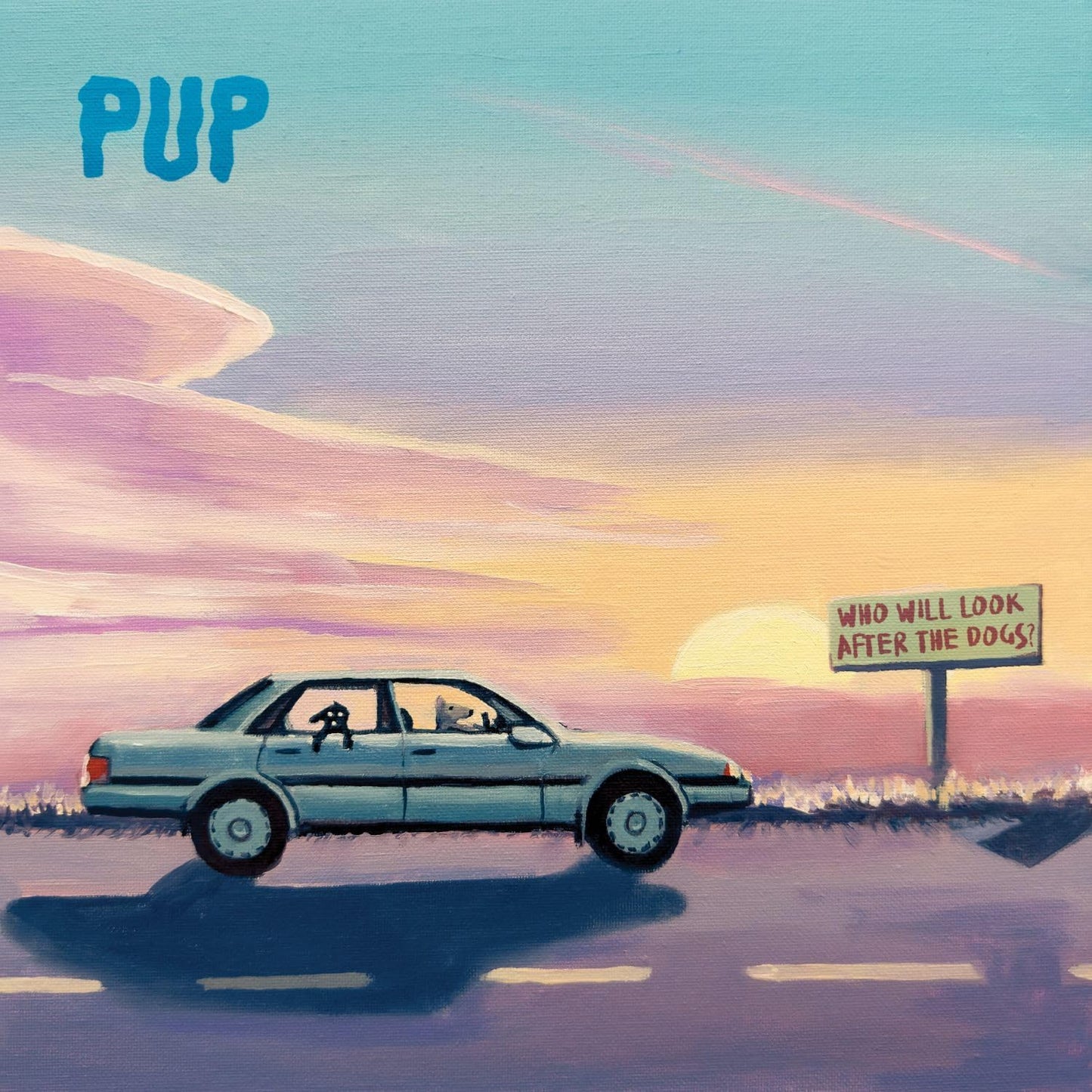 Painted CD cover: blue car on a highway under a sunset sky.