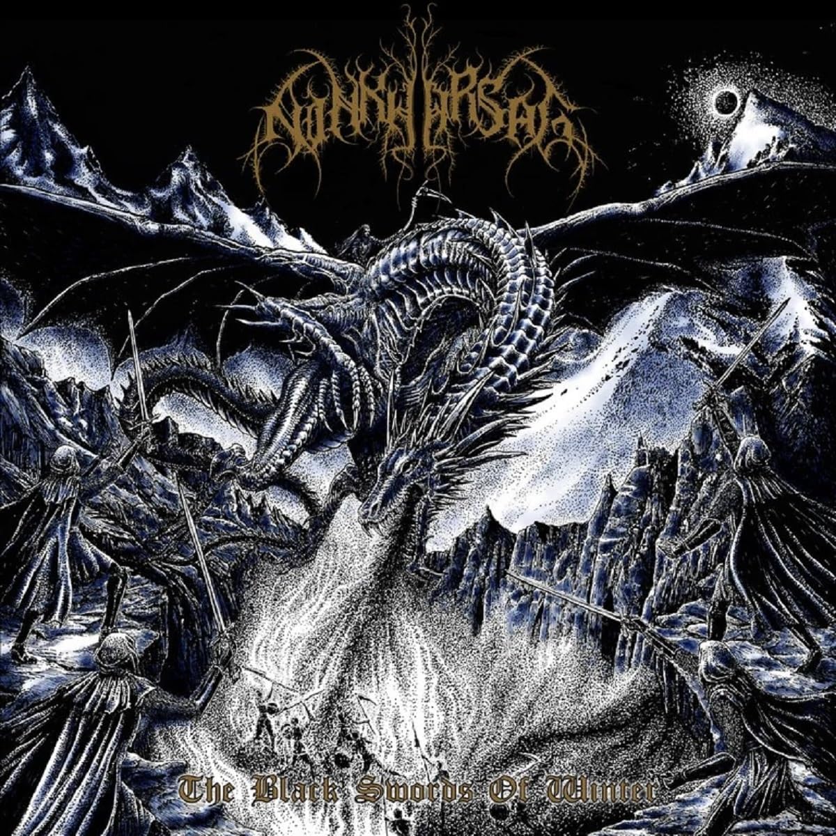 Black and white album cover featuring a dragon and snowy mountains.
