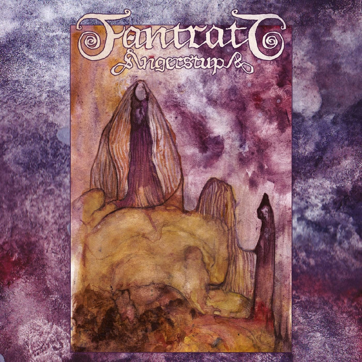 Vinyl record cover with illustrated figures in a purple, textured landscape.