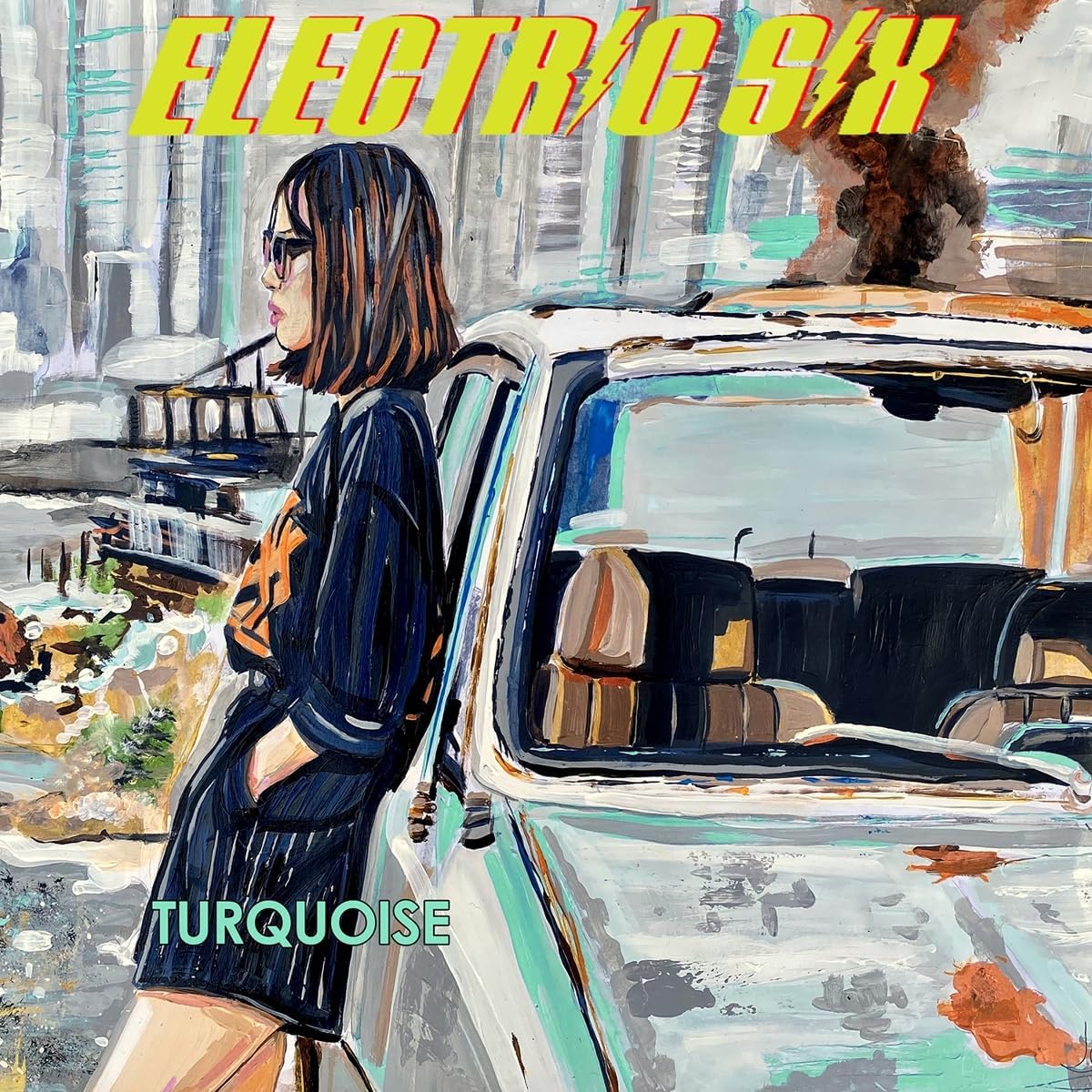 Electric Six “Turquoise” CD cover: painted woman by a vintage car.