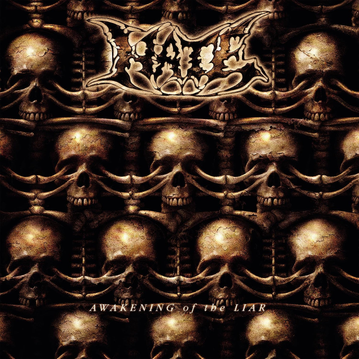 Dark album cover with repeating skull pattern and ornate floral design.