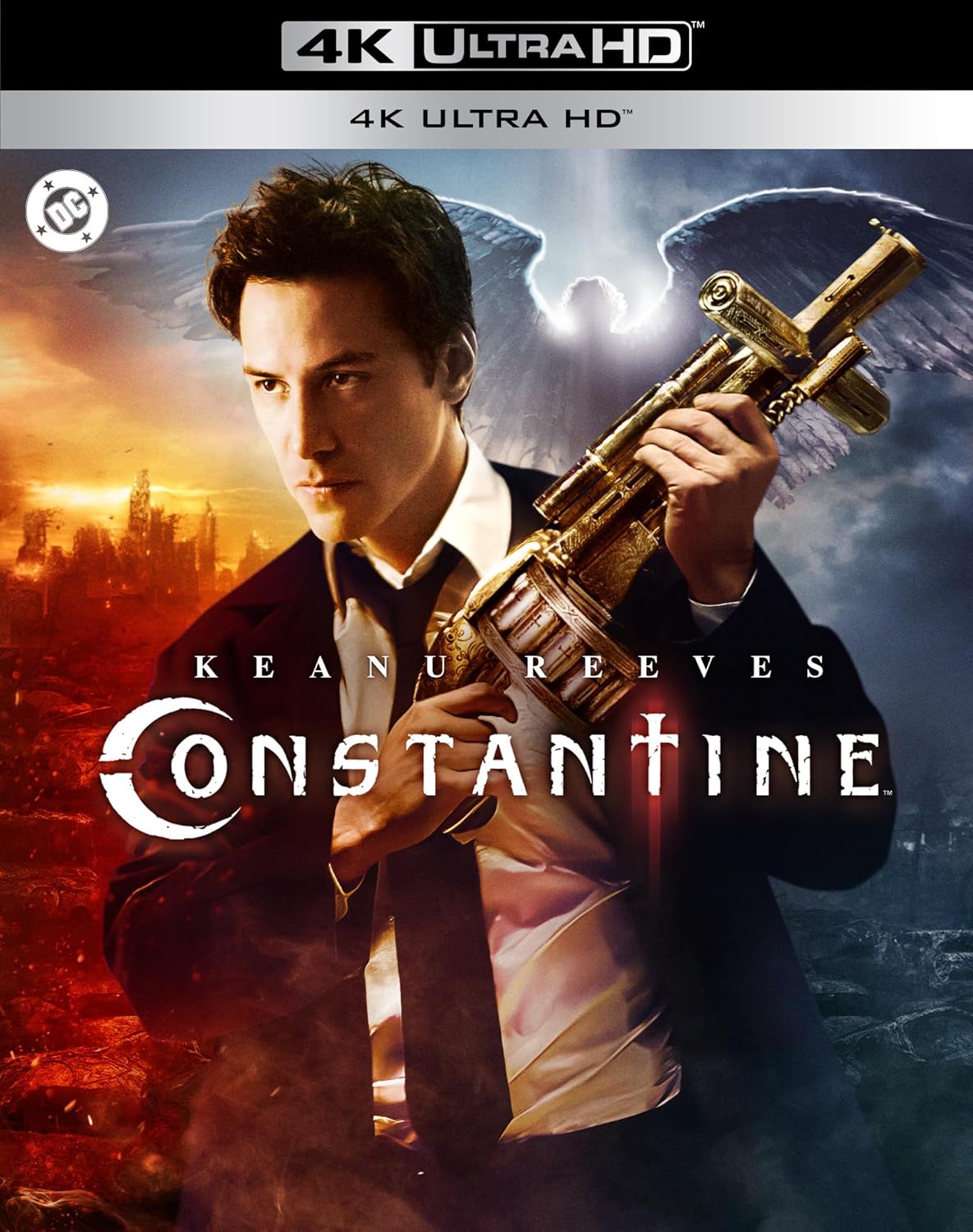 Keanu Reeves as Constantine, holding a complex, ornate weapon, 4K UHD.