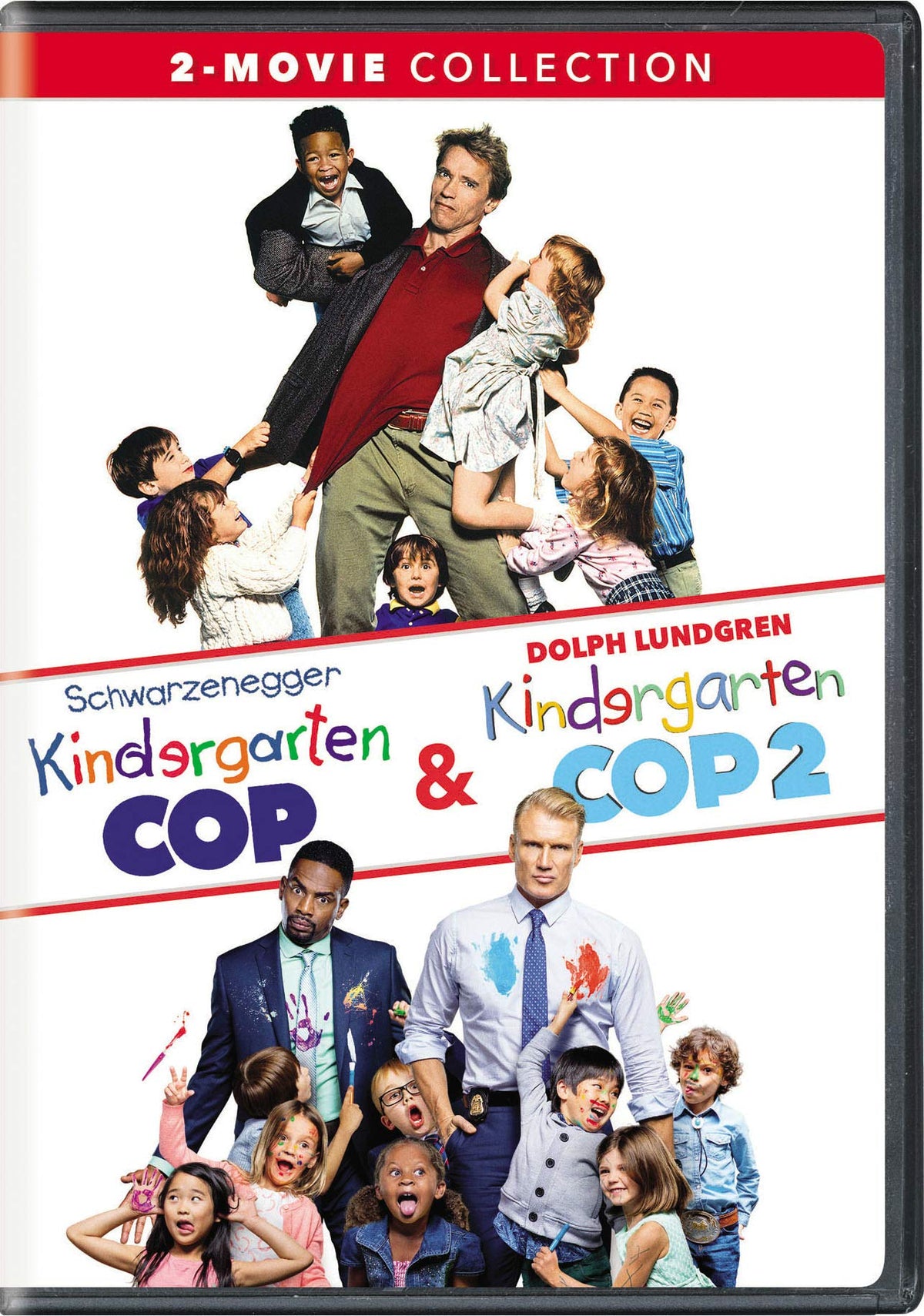 DVD cover for "Kindergarten Cop" and its sequel, featuring actors and children.