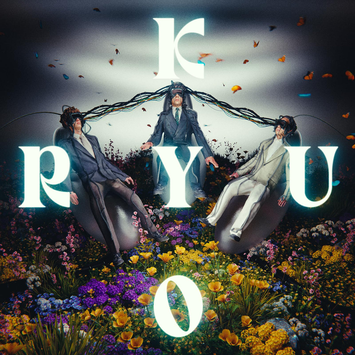 Three suited figures amidst flowers and butterflies, with large letterforms.