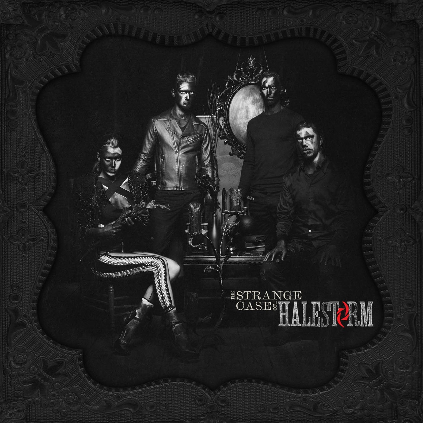 Black and white album cover featuring the band Halestorm in ornate frame.