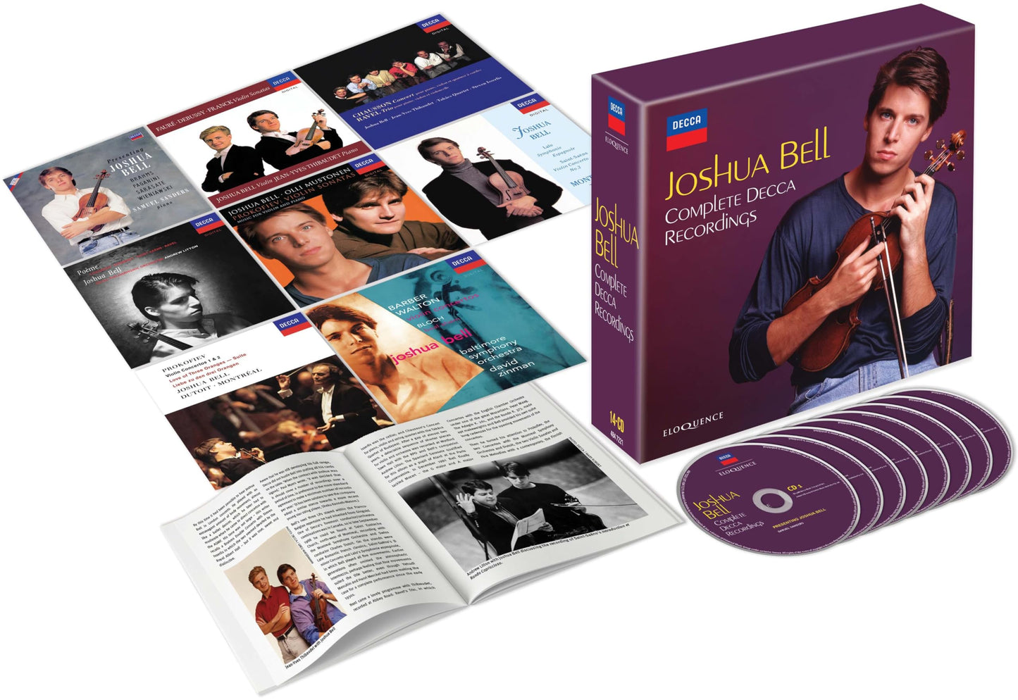 CD box set featuring violinist Joshua Bell, with multiple discs fanned out.
