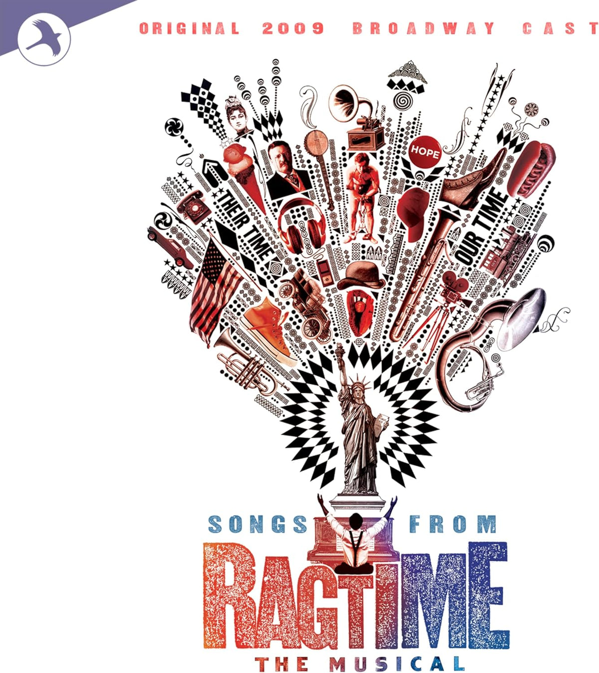 Ragtime musical CD cover with Statue of Liberty and collage elements.