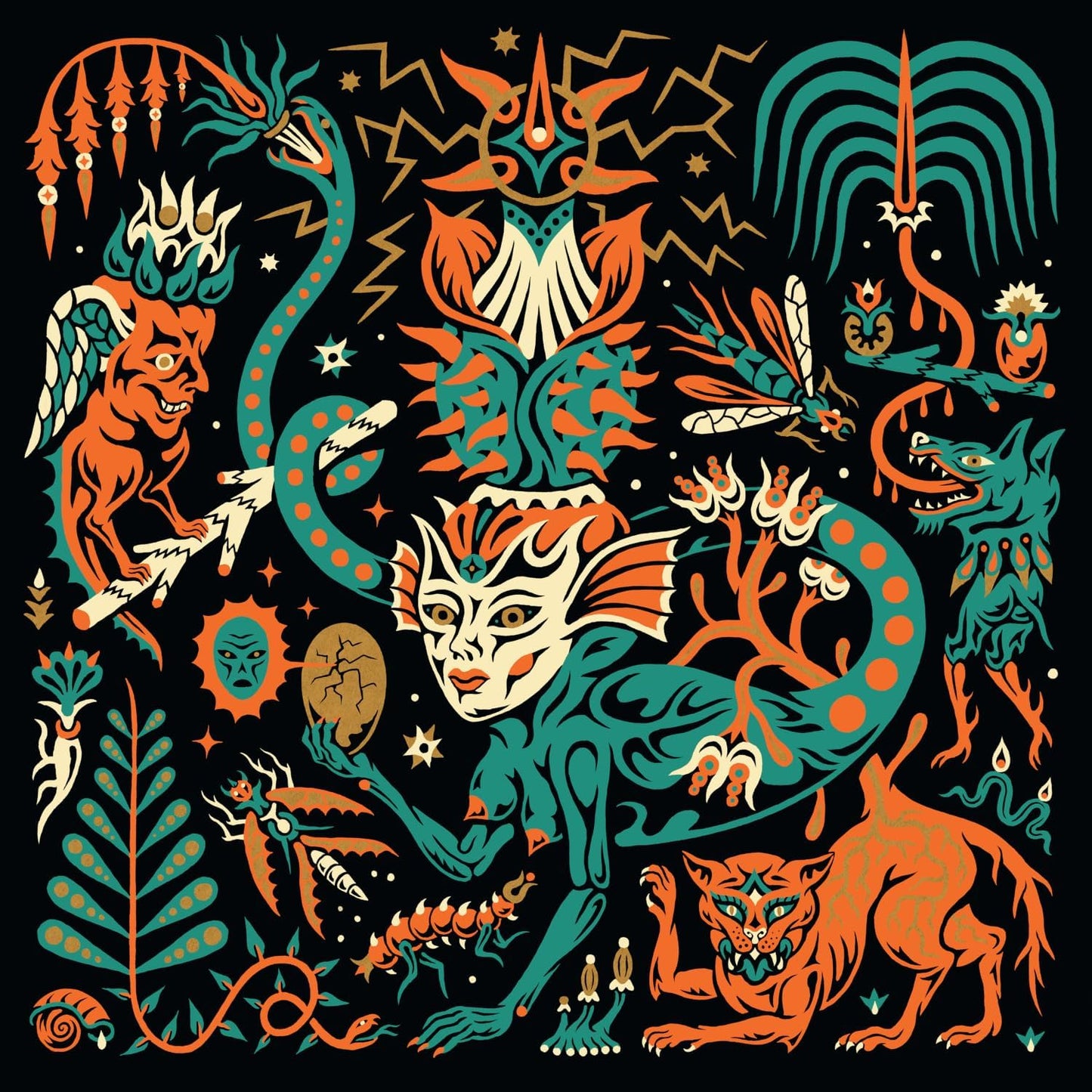 Intricate, colorful illustration of mythical creatures and floral elements on black.