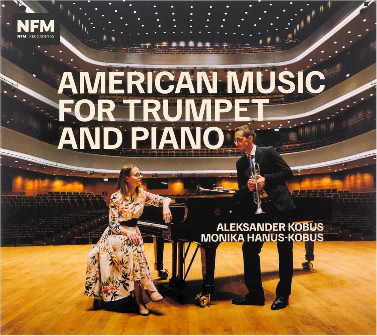 CD cover: musicians at piano and trumpet in a concert hall.