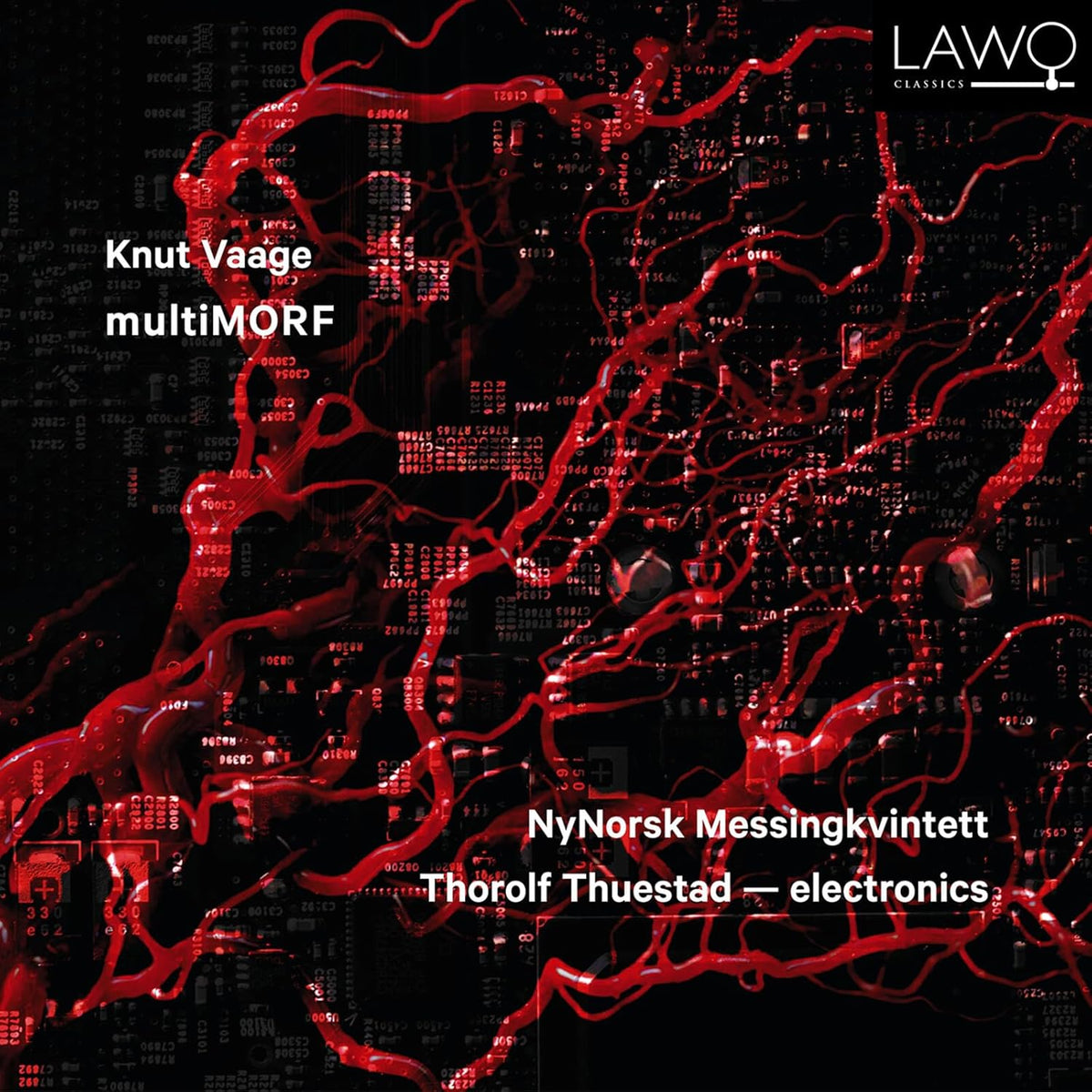 CD cover: red circuit board design with text "Nynorsk Messingkvintett.