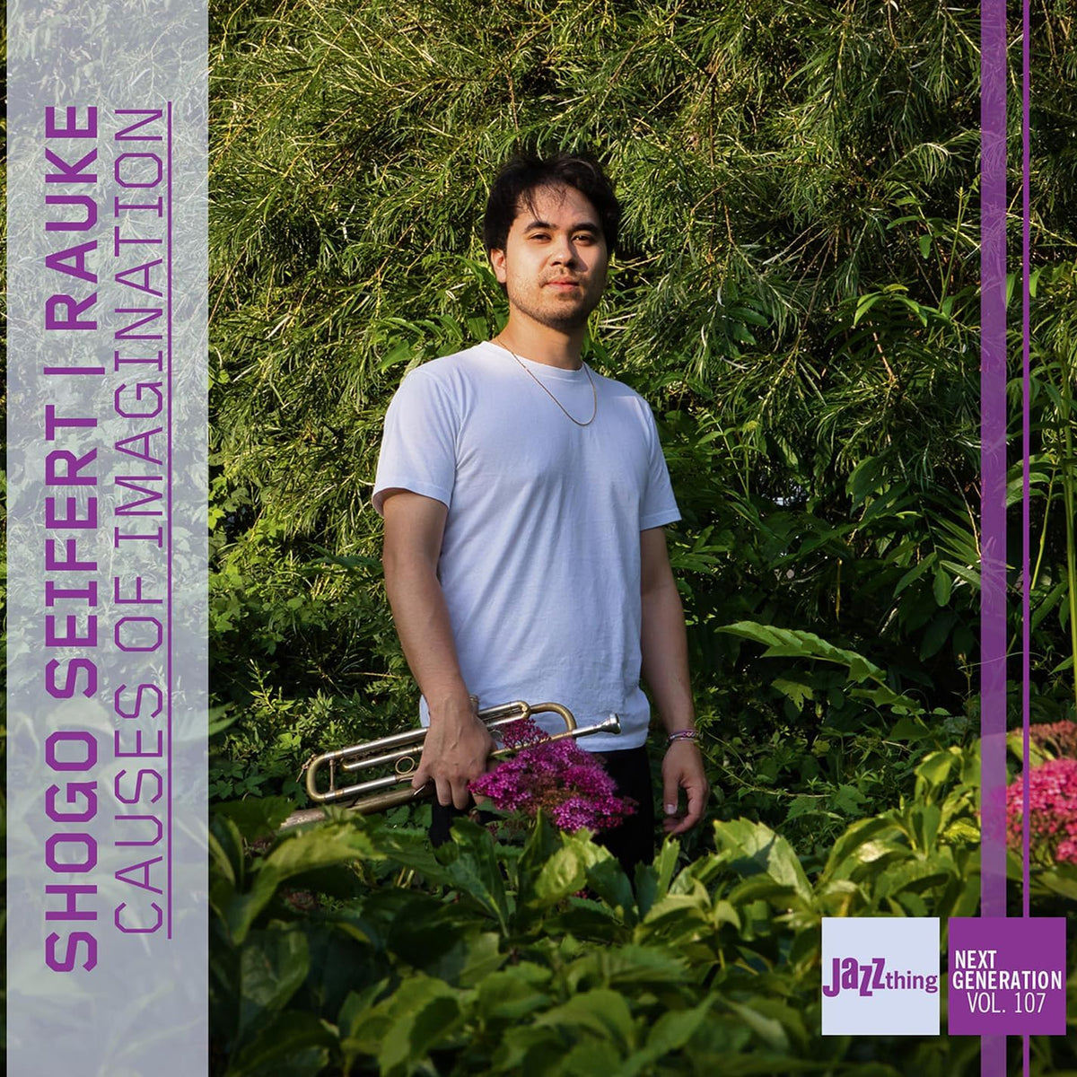 CD cover featuring a young man holding a trumpet in a garden.
