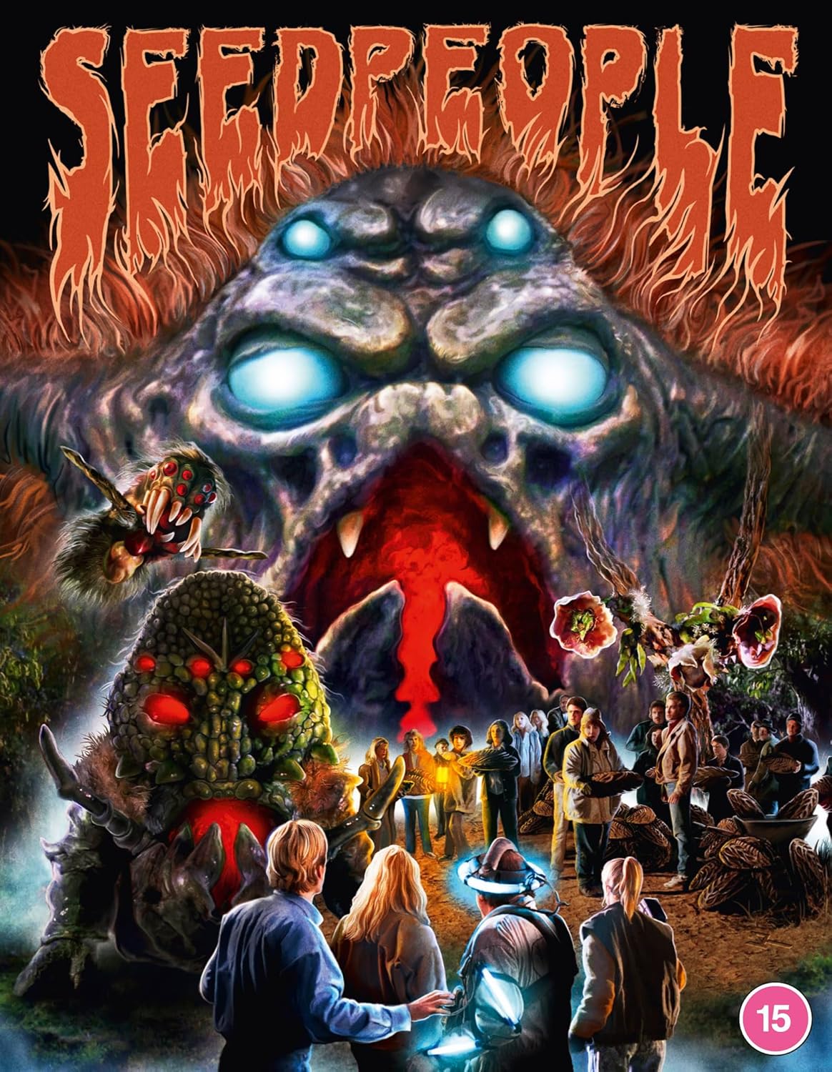 Sci-fi horror film poster: giant alien creature and frightened people.
